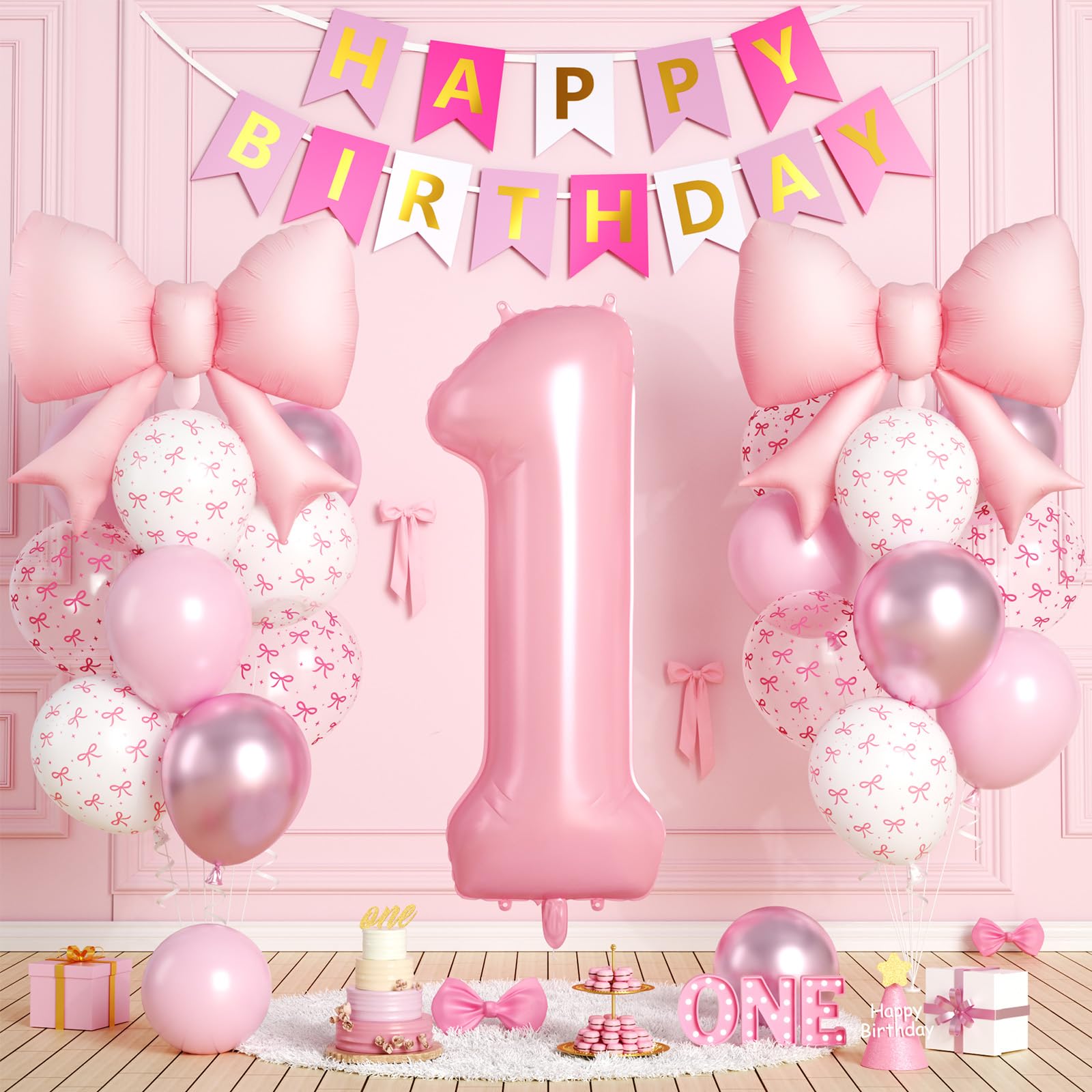 Photo 1 of 1st Birthday Decorations for Girls, 40 Inch Pink Number 1 Balloon, 21 Inch Foil Bow Balloons, Bow Print Balloons, Happy Birthday Banner Set for Baby Girls One Year Old Sweet Party Decoration Backdrop