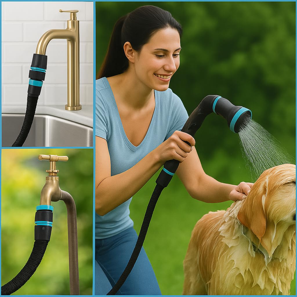Kit de douche d'extérieur pour chien (14 pièces) – Tuyau d'arrosage extensible 2 en 1 pour robinet de cuisine chaud et froid, tuyau d'arrosage et pulvérisateur extensible pour chien boueux