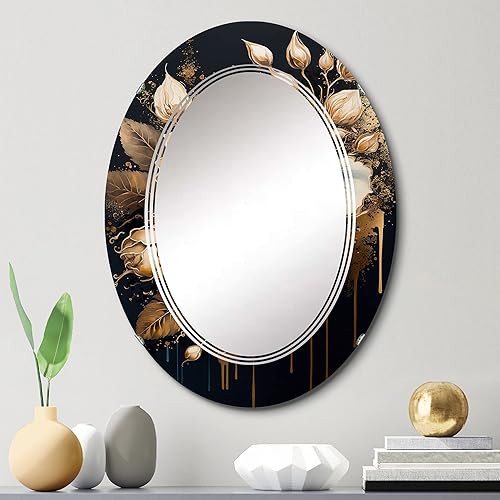 Miniatura 7 de DesignQ Espejo de pared floral y botánico, espejo tradicional ovalado, espejo de baño azul redondo, espejo de tocador rosa en azul marino y dorado