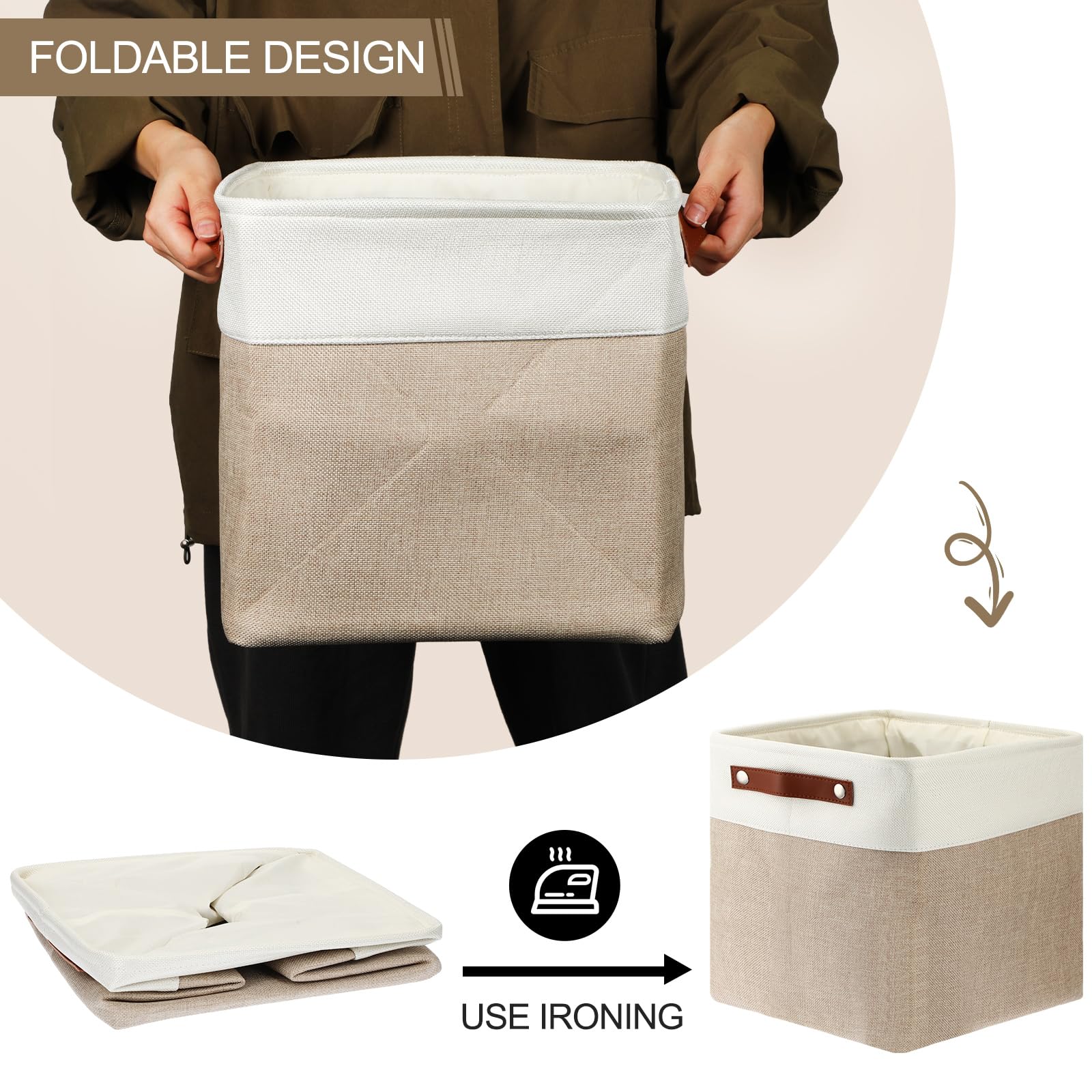 Uiifan Faltbare Aufbewahrungskörbe aus Stoff, faltbar, mit Griffen, Stoff-Organizer, Leinen-Regalkörbe für Regale, Zuhause, Schrank, Kinderzimmer, Spielzeug (30,5 x 30,5 x 30,5 cm, Beige und Weiß), 10