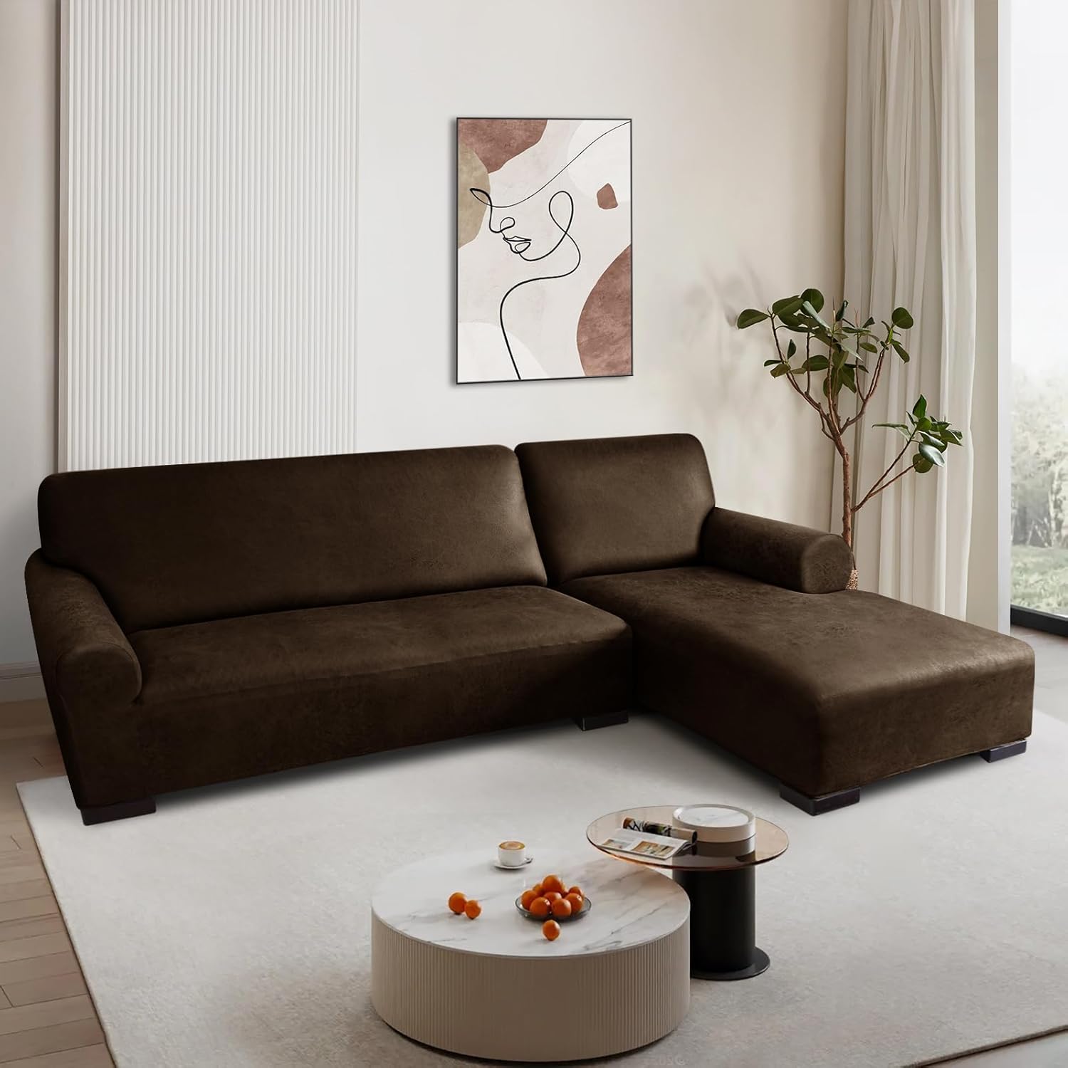 Sectional Couch Covers, Leather Look Sofa Cover L Shape 2PCS Soft Stretch Slipcover for Sectional Sofa, Non Slip Furniture Protector (3 Seat Sofa + 3 Seat Left Chaise, Coffee)