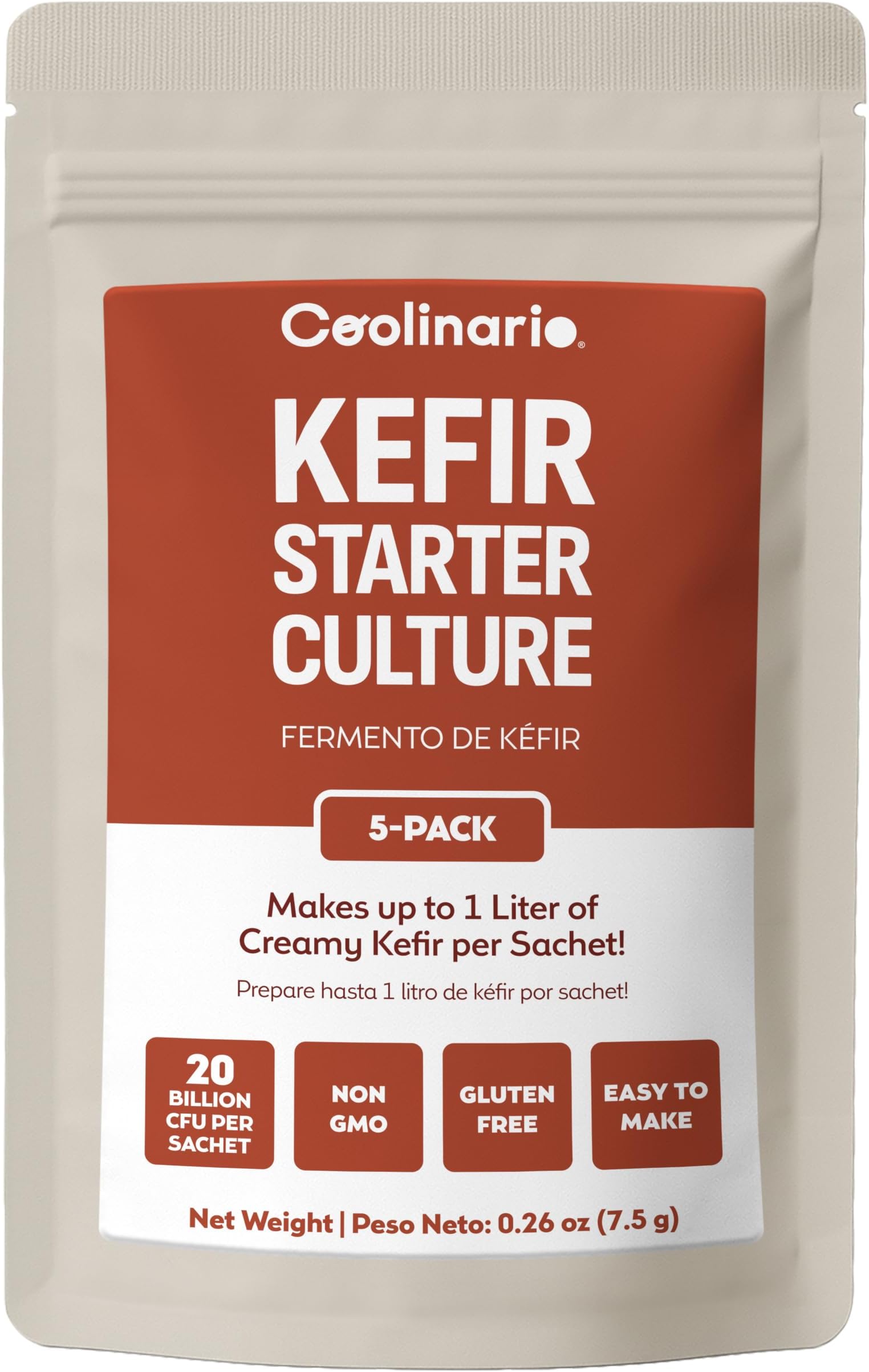 Coolinario Kefir Starter (5-Pack, 1g Sachets) Live Probiotic Cultures | Homemade Kefir Starter Kit, Smooth, Creamy & Tangy, Non-GMO, No Preservatives, Gluten Free