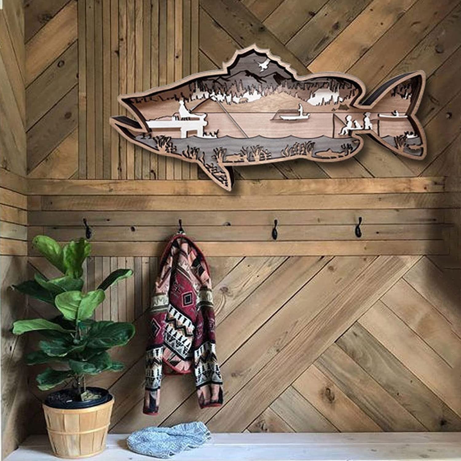 Amazon.co.jp: ウォールデコ 木製の魚の壁アートの装飾、ヴィンテージ 
