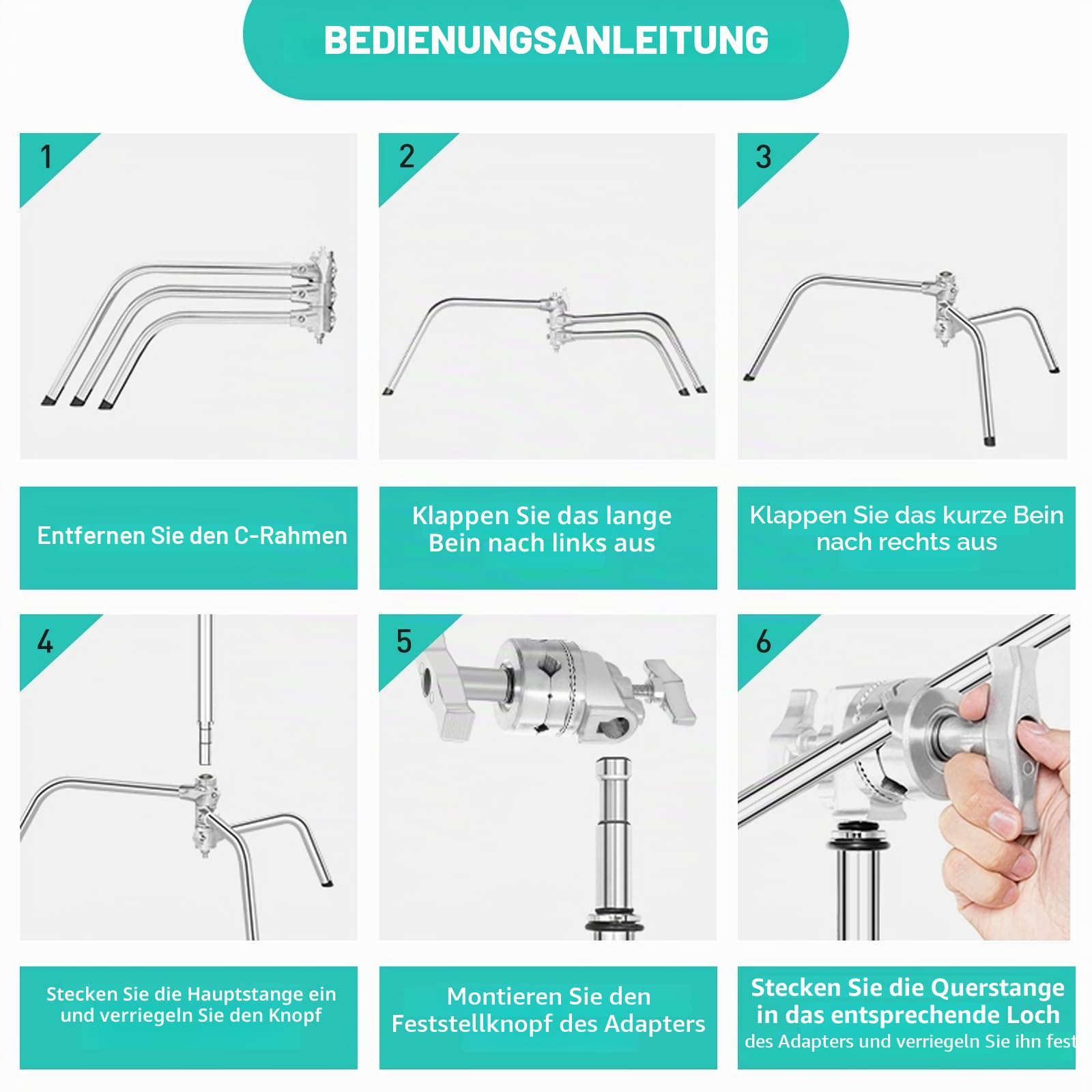 C Stand 100% Edelstahl Heavy Duty mit Auslegerarm,Max Höhe 330cm Verstellbarer C Ständer Lampentständer mit 127cm Haltearm, 2 Griffköpfe für Studio Monolight, Softbox, Reflektor
