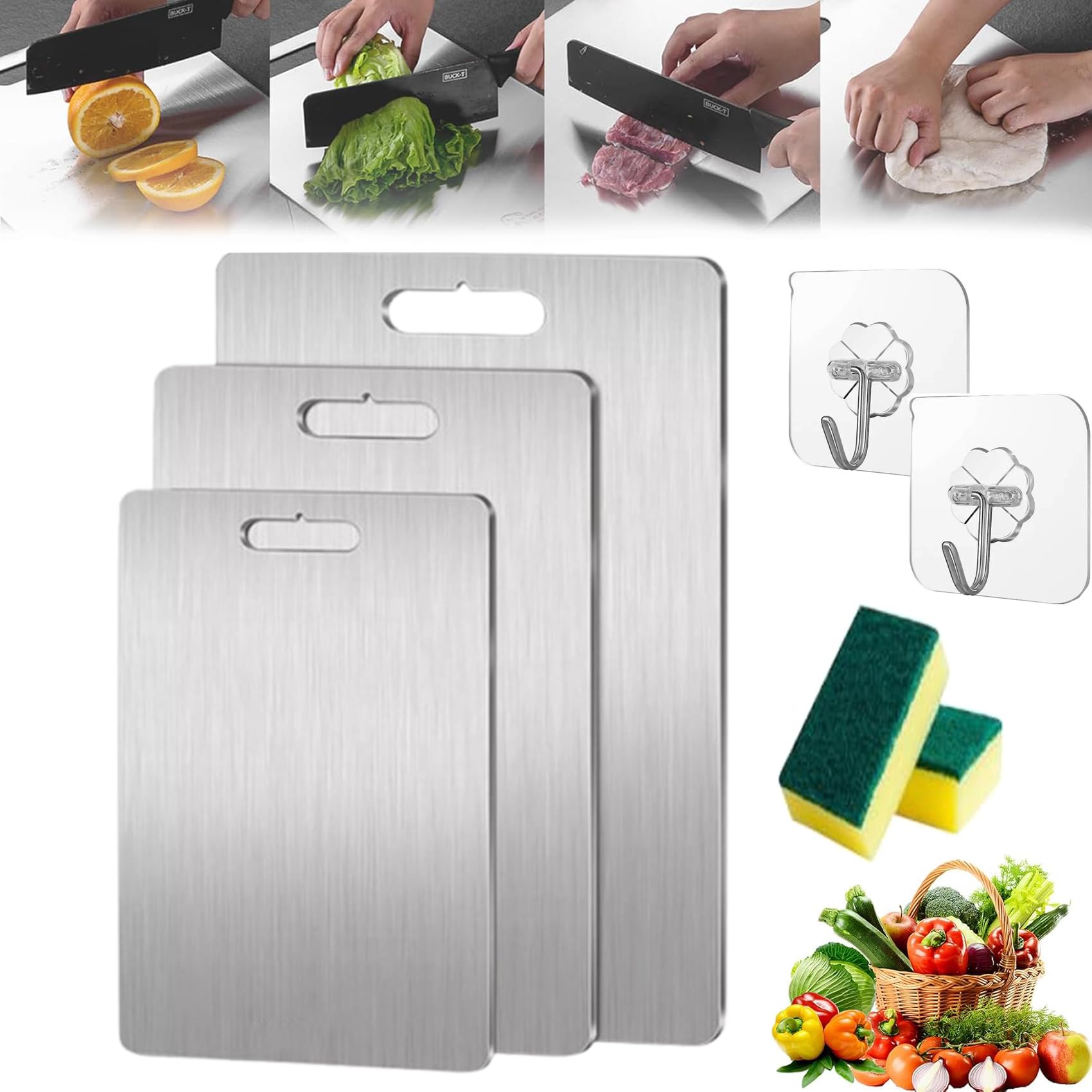 Yamato Tabla de cortar, tabla de cortar de titanio y acero inoxidable de doble cara, no tóxica, apta para cuchillos, duradera para cocina y campamento (3 piezas)