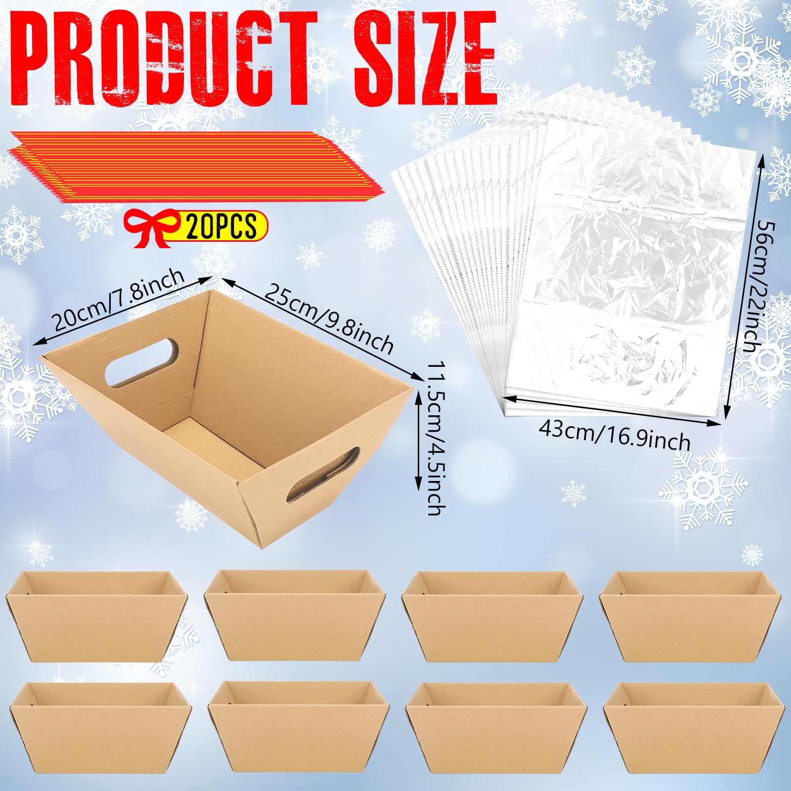 Hoolerry Juego de 60 cestas de regalo de papel kraft de Navidad a granel incluye 20 cestas de regalo vacías, 20 bolsas de celofán y 20 lazos de envoltura, bandeja de regalo vacía con asas para fiestas