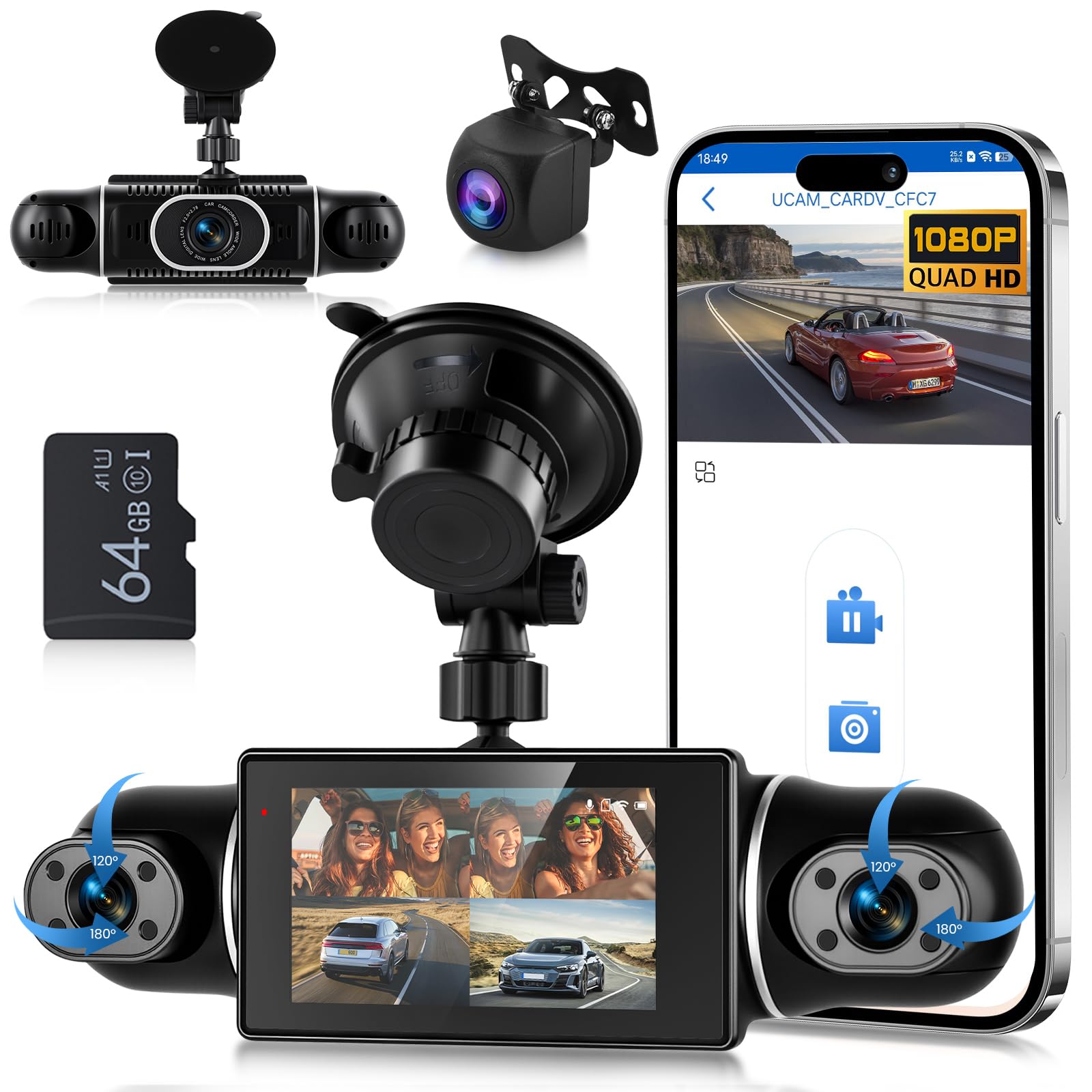 Hodozzy 1080P Auto Dash cam 360° mit 5GHz WiFi, 4 Kameras Vorne Hinten, 8 IR Nachtsicht, 3 Zoll IPS Touchscreen, Loop Aufnahme, G-Sensor, Parken Monitor,Dash cam mit Rückfahrhilfe