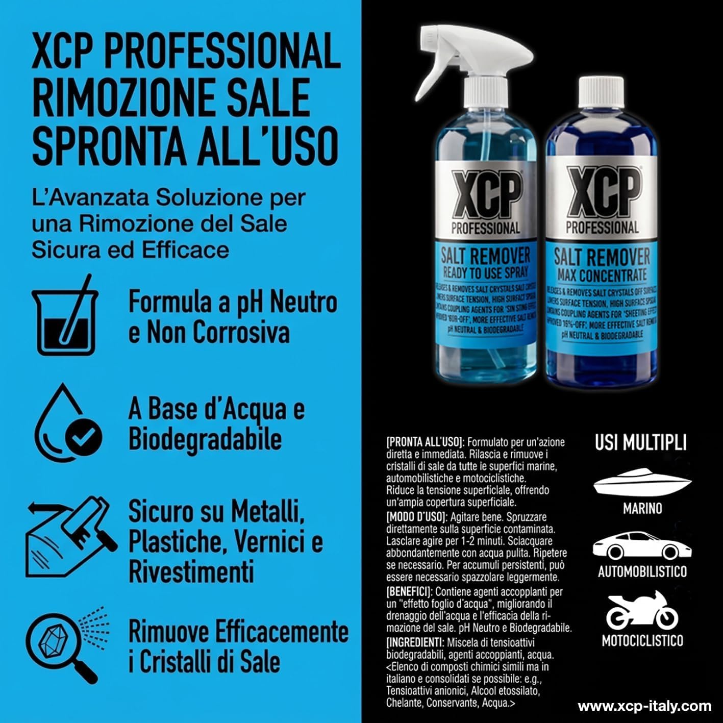 XCP Salt Remover 1L - Rimuovi Sale Pronto all’Uso - Spray Detergente Moto, Auto e Barca - Formula Biodegradabile PH Neutro - Ideale per Residui di Sale, Strade Invernali e Nautica