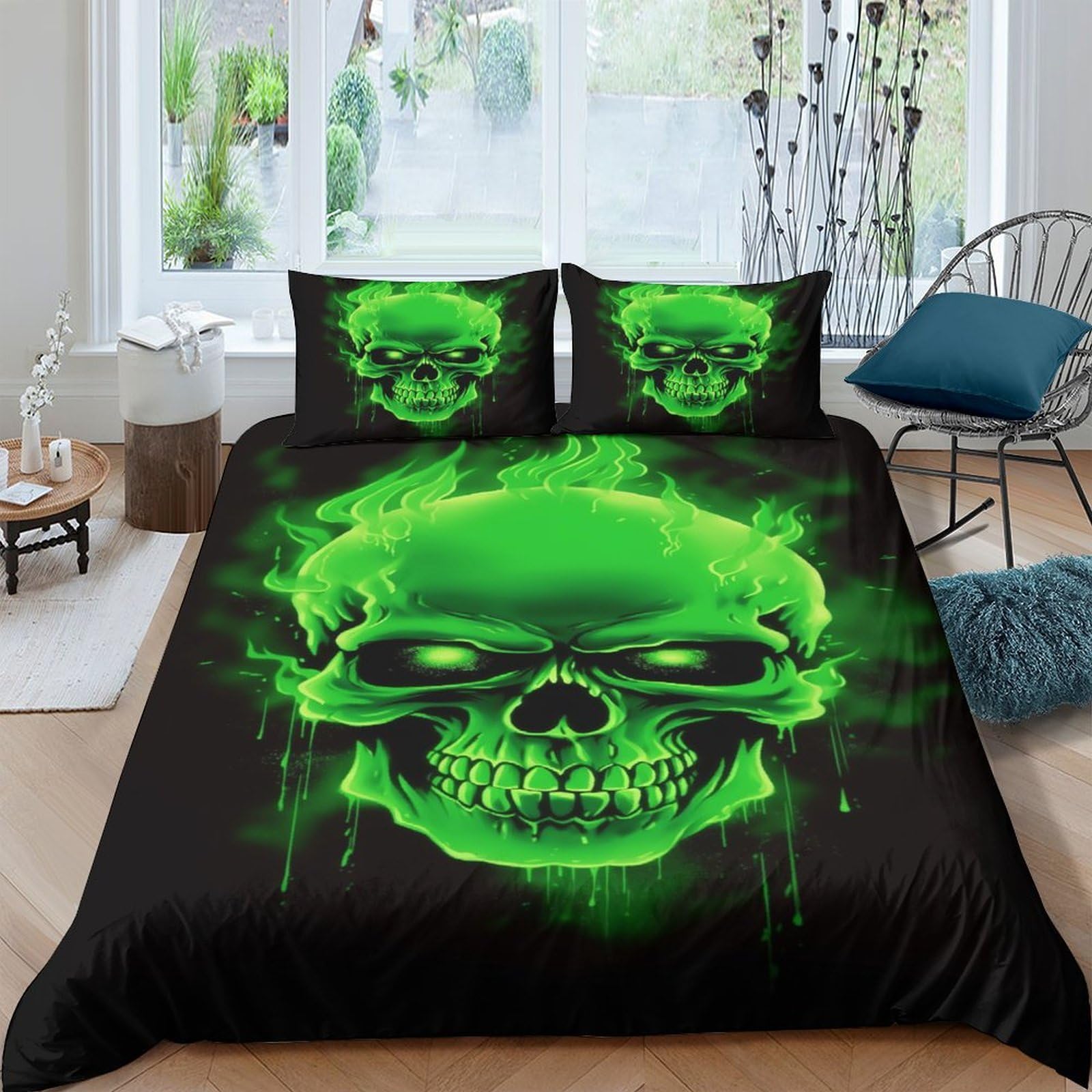 Ctjqhvkz Style-1 3D Printed Neon Skull Fitted Sheet Microfiber Soft Breathable Green Smoke Bed Cover For Bedroom Dorm Mattress Decor Single（135X200cm）