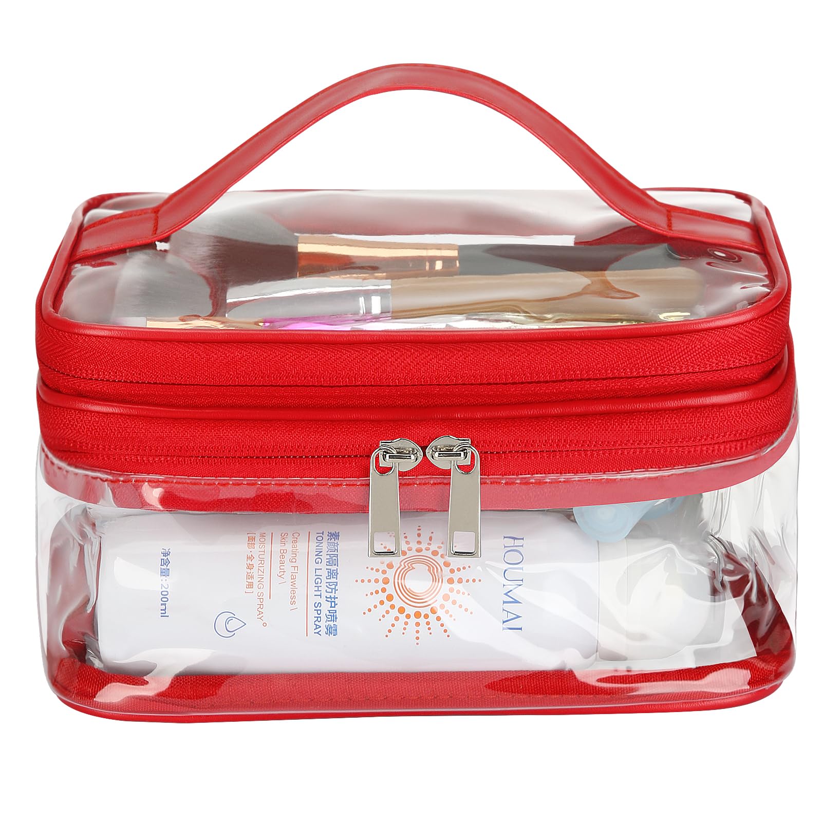 HAOGUAGUA Double Layer Clear Cosmetic Bag Makeup Bag, Waterproof Travel Toiletry Bag, Transparent PVC Pouch Organizer (Red)