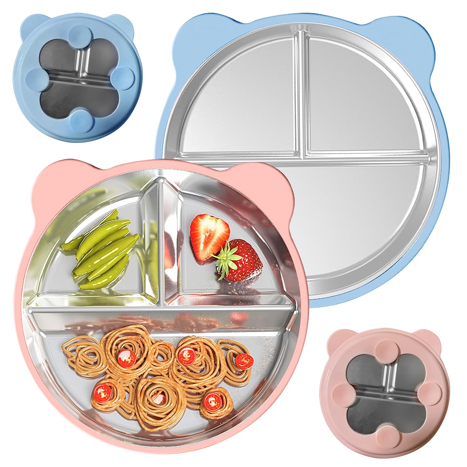 Geentargetel 2 Stück Baby Teller mit Saugnapf, BPA-frei, Kinder Edelstahl Teller mit Entfernbarer Silikon Hülle, Kinderteller, Babyteller (Rosa und Himmelblau)