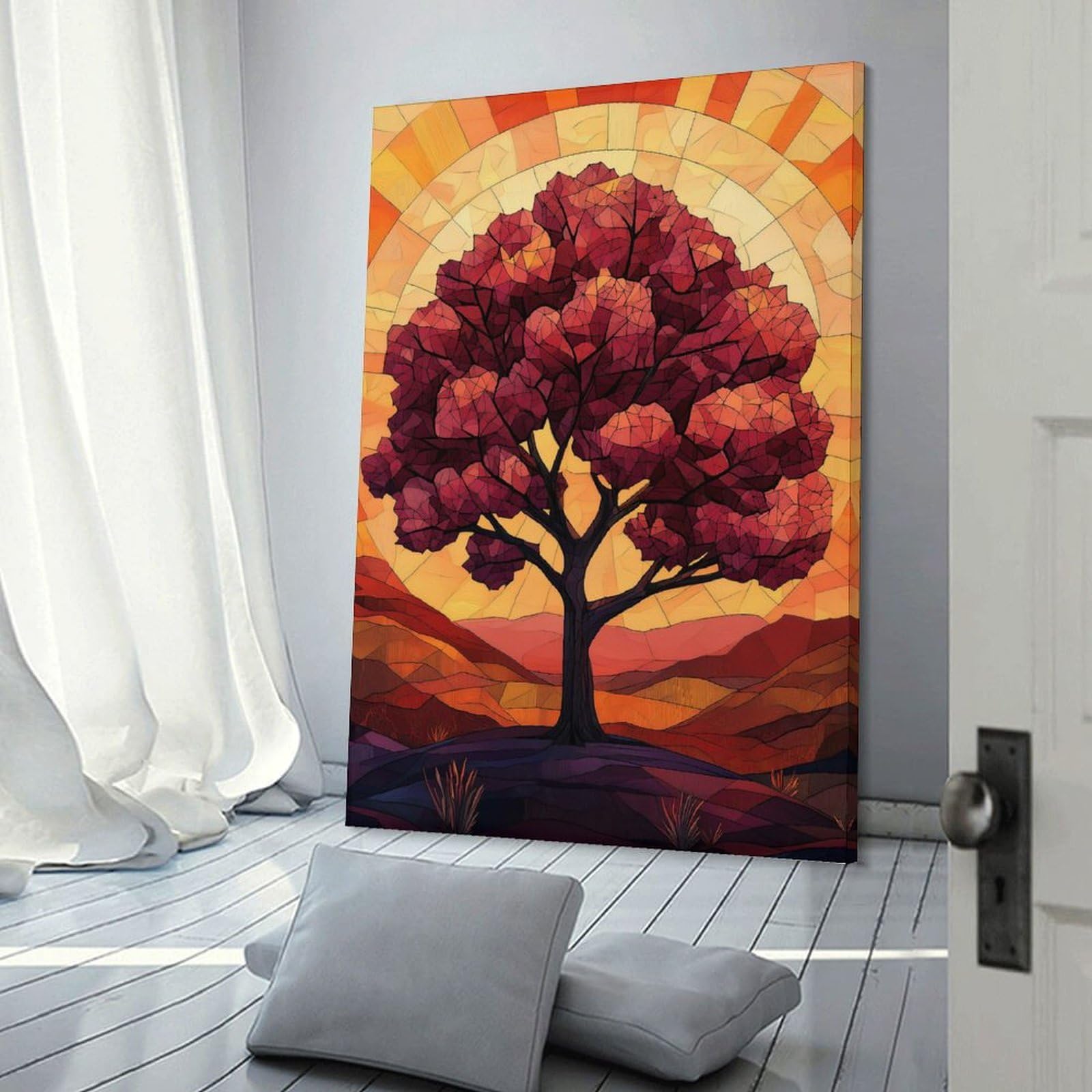 Junmoney Frame-Style-14-1 Tree Silhouette Sunset Stanied Glass Wall Picture Print, 20X30inch(50X75cm), For New Homes, Bedrooms Or Workspaces, Thoughtful Wall Decor For Art Lovers