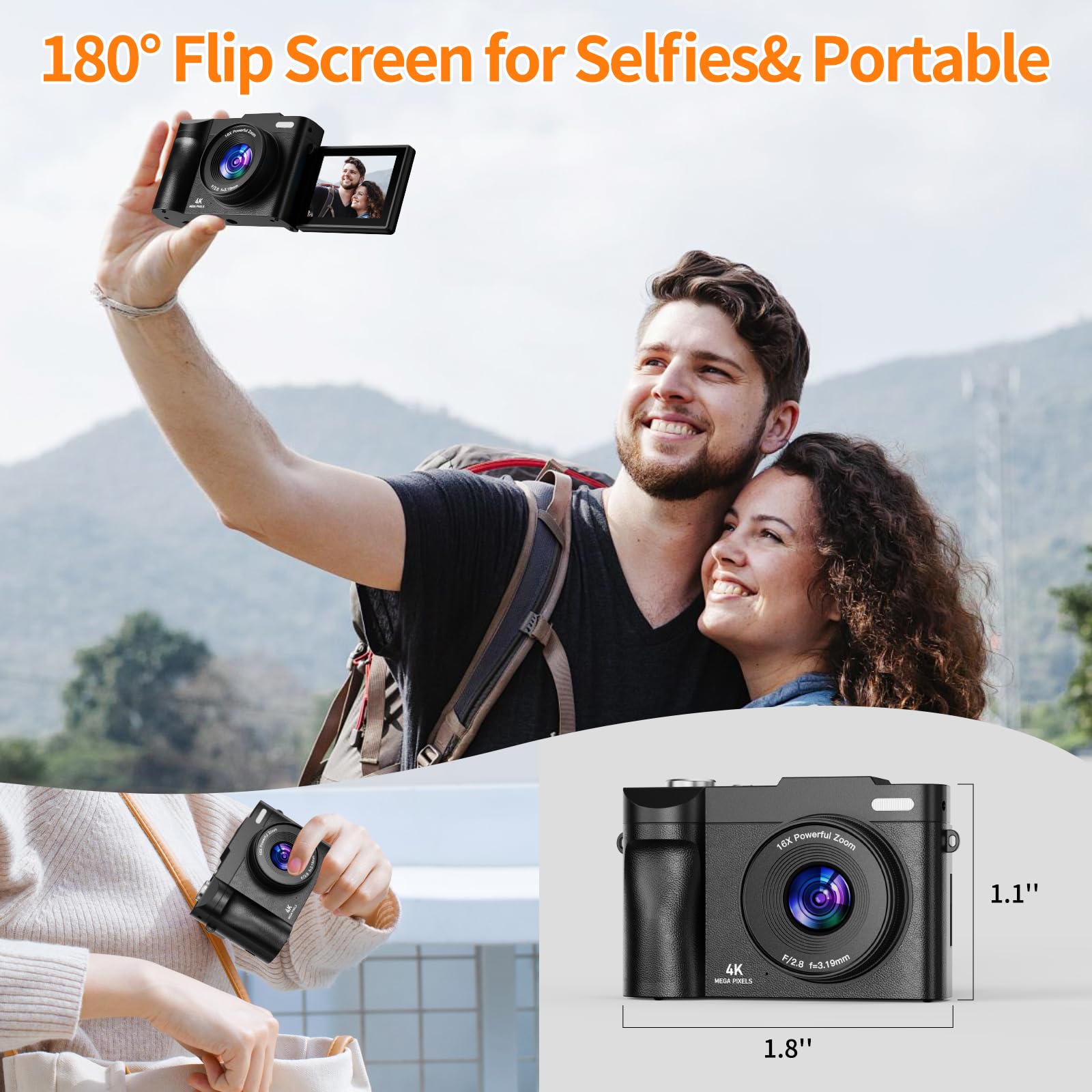 Digitalkamera 4K 50MP Kamera Fotokamera Maxmango Autofokus mit 2.8'' 180° Klappdisplay, 16X Digitalzoom Wiederaufladbare Kompaktkamera mit 32G Karte, Vlogging-Kamera für Kinder Teenager Anfänger