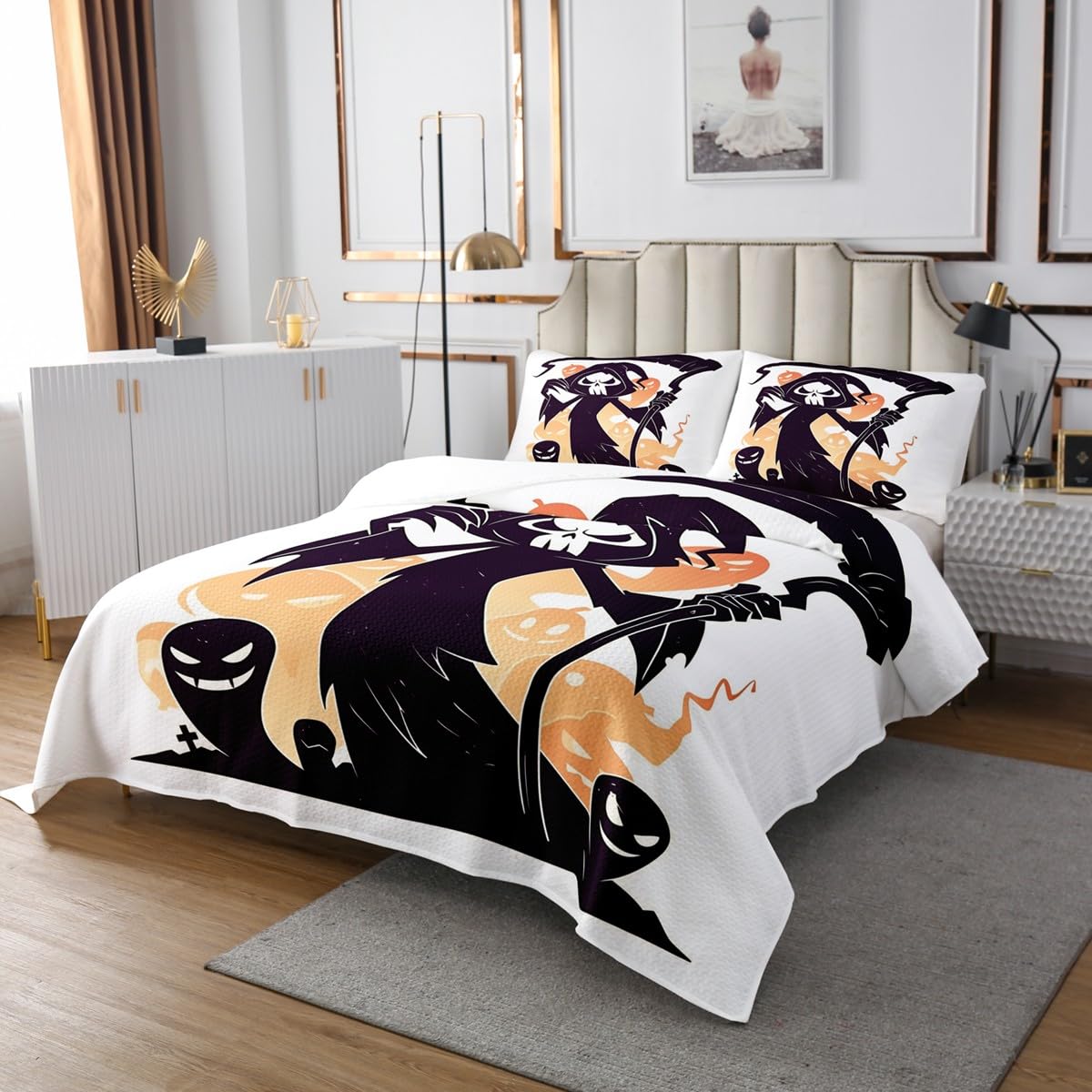 Manfei Cartoon Halloween Ghost Quilts Set,Gothic Skull Witch 2Pcs Bedspread Bedding Set,Kids Teens Trick or Treat Bed Cover Set,Black White Orange Bedspread Coverlet with 1 Pillowshams (Twin Size)