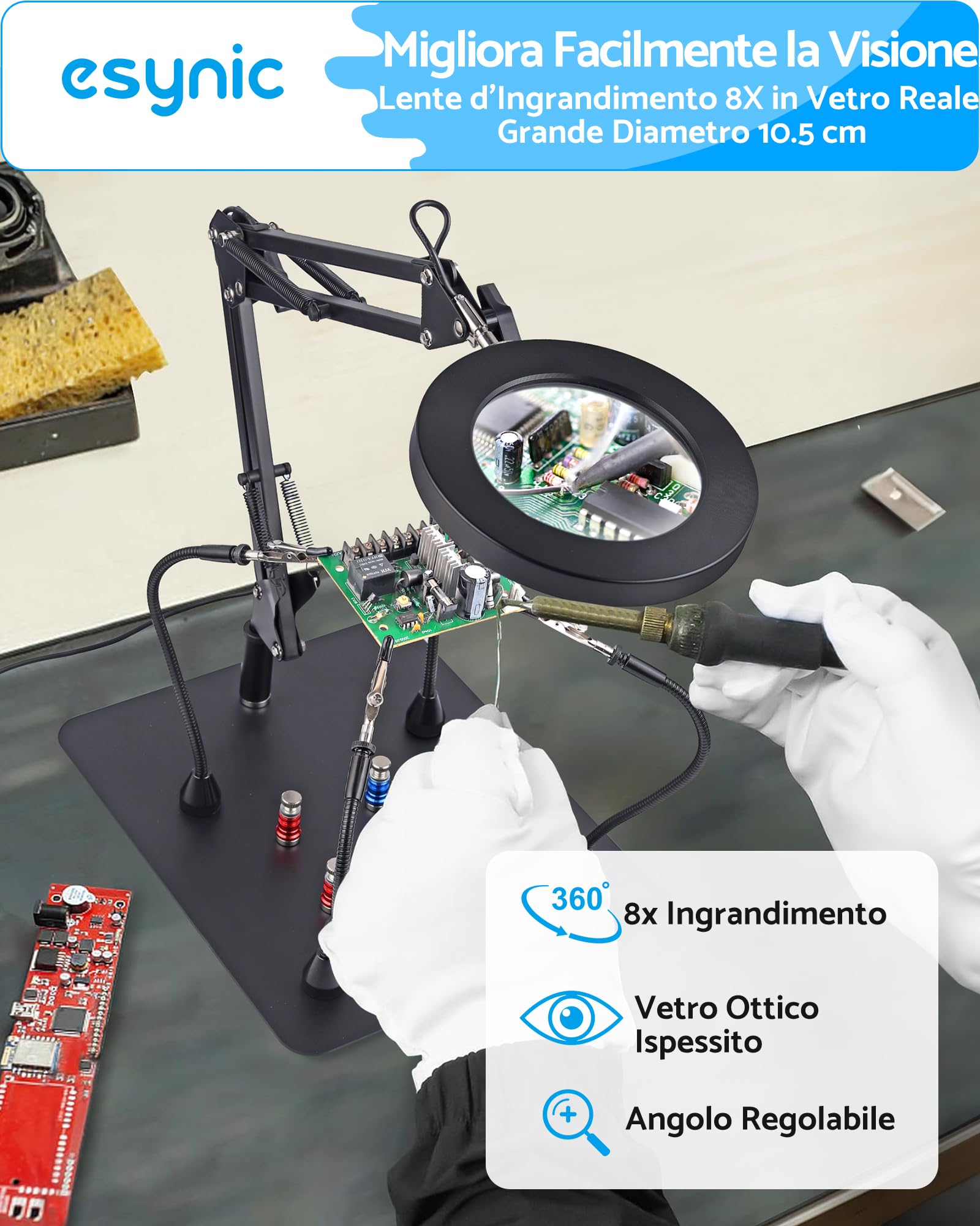 eSynic Lente di Ingrandimento 8X da Tavolo con Luce 72 LED, 10 Luminosità Regolabile e 3 Colori, Stazione d'Ingrandimento con 4 Colonne Magnetiche Flessibile a Clip Apertura 5,5cm per Saldatura
