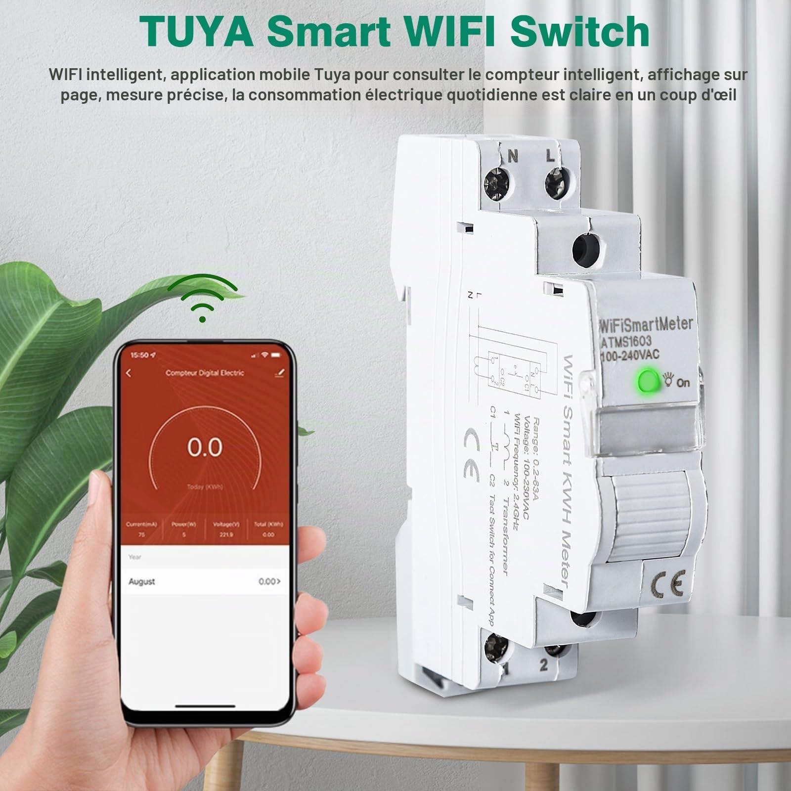 Jadeshay Compteur Électrique, ATMS1603 Tuya WIFI Compteur d'Énergie Intelligent Commutateur de Télécommande Compteur Electrique Consommation avec Surtension et Sous-Tension AC220V