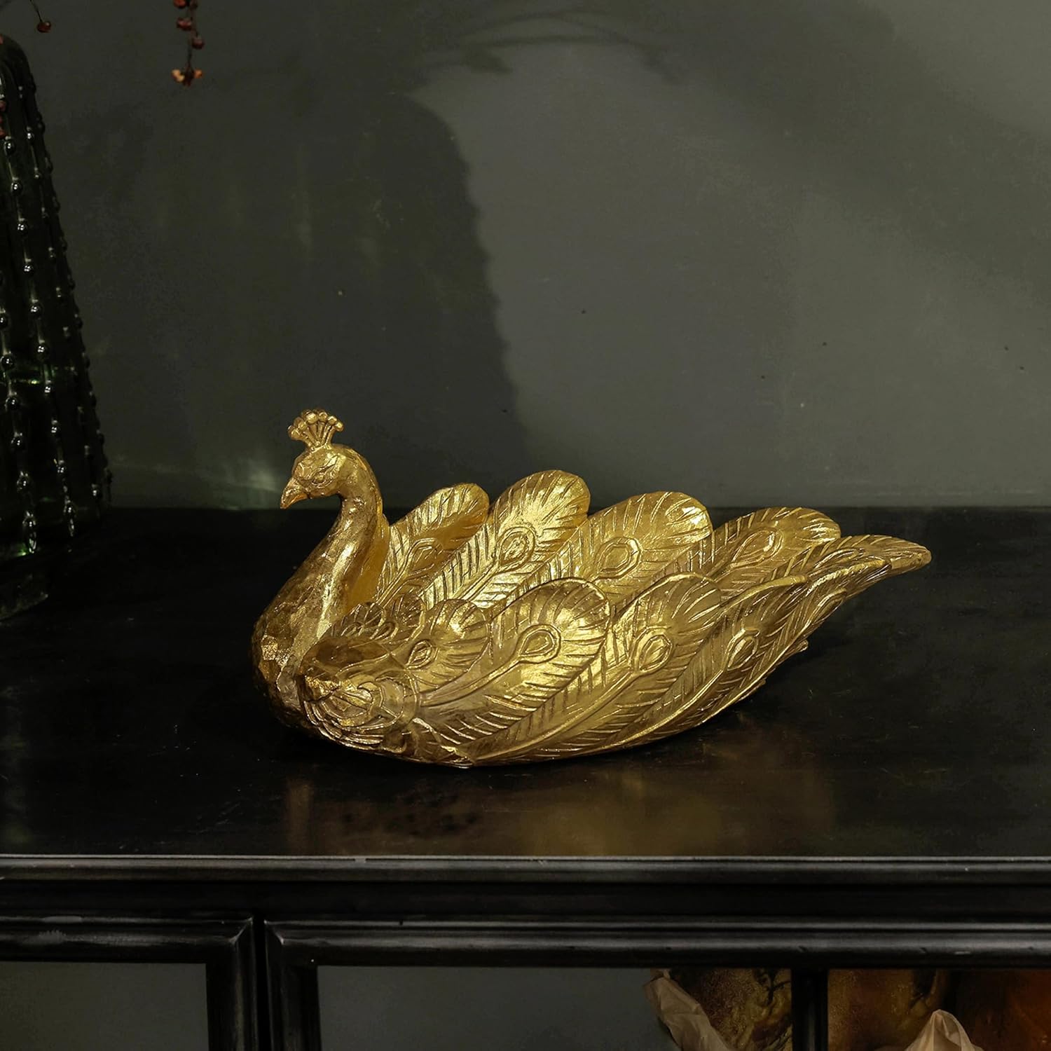 SOFFEE DESIGN Peacock Shape Catch All Tray, Vintage Gold Metal Vanity Resin Tray for Entryway Keys Jewelry, Decorative Peacock Home Decor for Dresser
