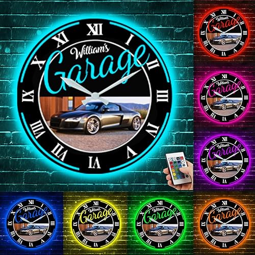 Miniatura 7 de Attention Reloj de pared personalizado con foto para automóvil, luz de reloj de pared de garaje con nombre personalizado, reloj de pared de garaje