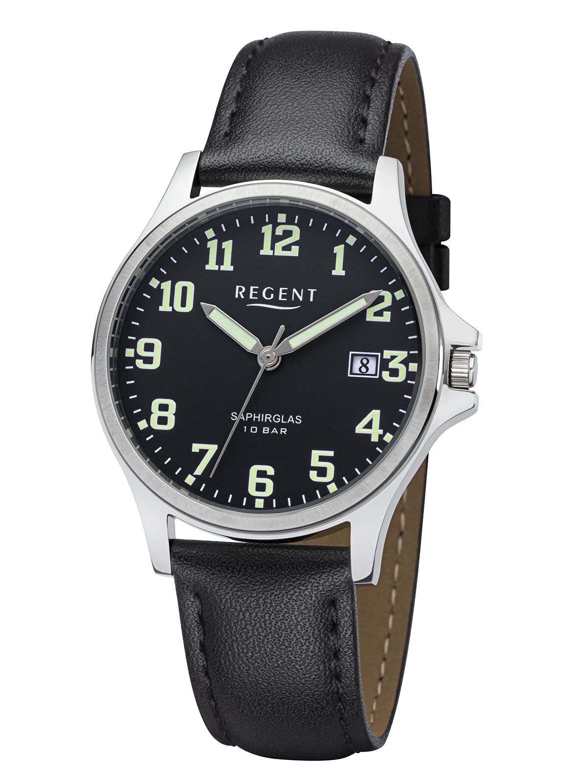 REGENT Orologio Da Uomo Analogico Al Quarzo F-1259, Cassa In Acciaio 36mm, Cinturino In Pelle, Quadrante Nero, Vetro Zaffiro, Impermeabile 10 Bar