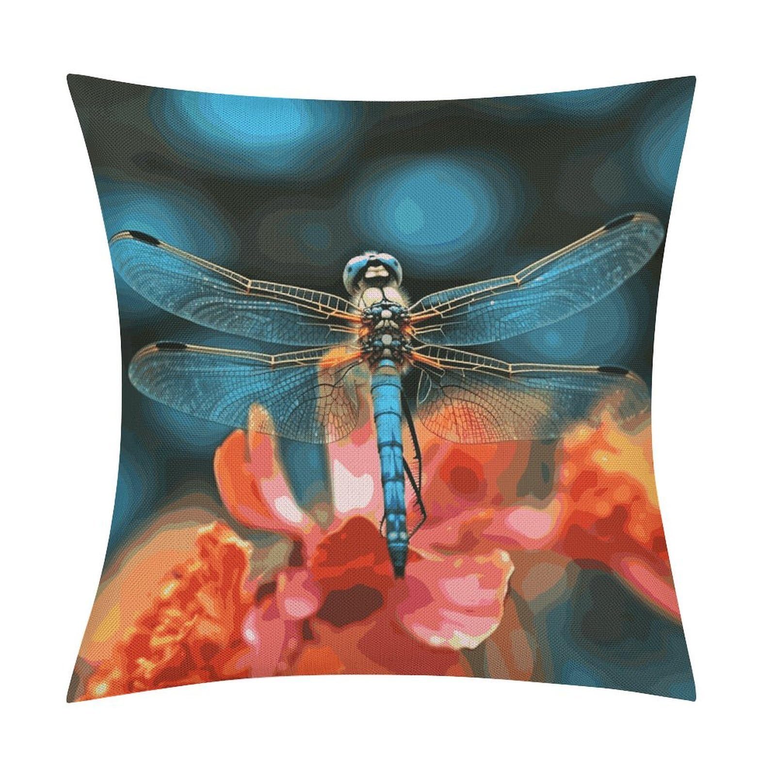 Fodpand Style Dragonfly On The Flower Pillow Covers 18X18 Inch, Pillow Cases Boho Farmhouse, Throw Pillow Covers For Couch Sofa Bed Spring Home Decor