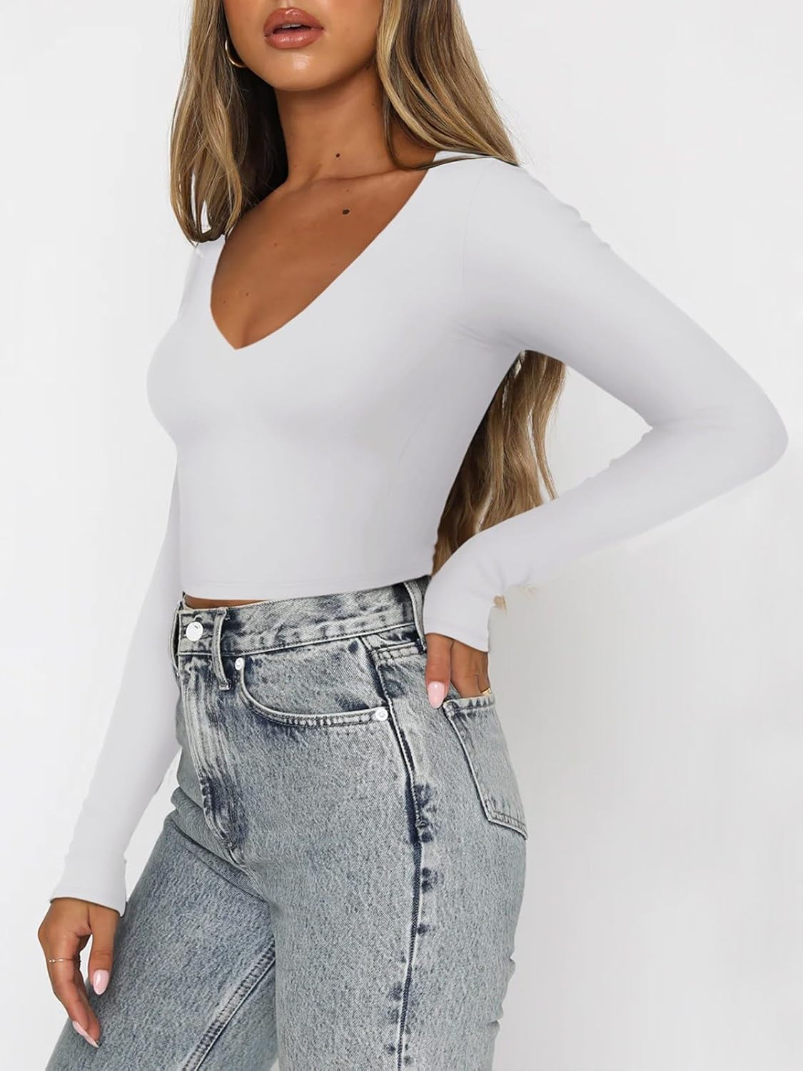 REORIA Womens Sexy Casual V Neck Long Sleeve Double Lined Fitted Going Out T Shirts Crop Tops Tees