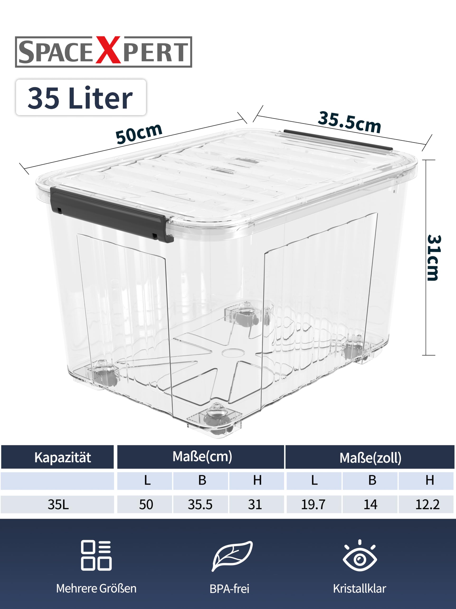Aufbewahrungsboxen mit Deckeln,Lagerboxen mitLaufrollen, Kunststoff - Aufbewahrungslösungen für Zuhause, Büro und Schule, Ordnungsboxen, Stapelbar, Transparent, 35L(4er Set)
