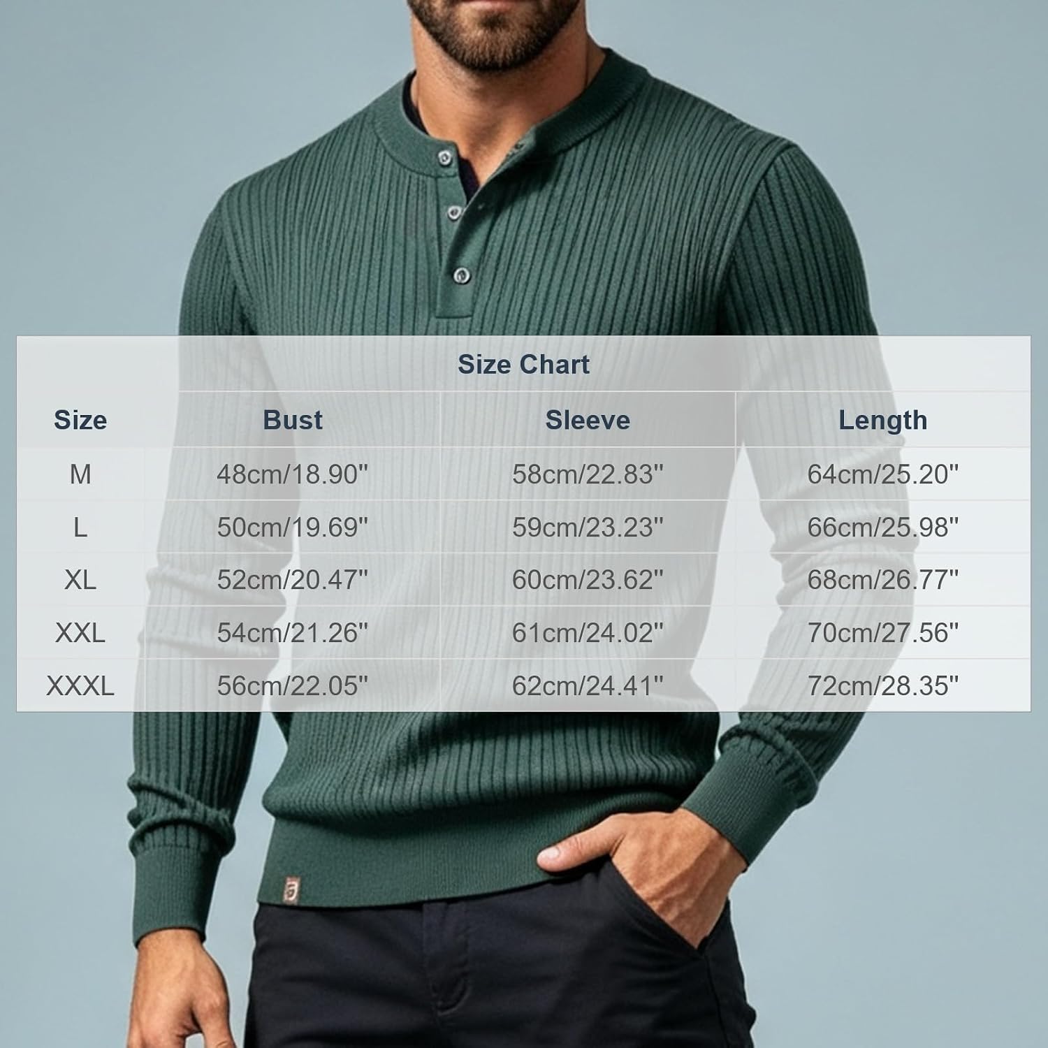 Men's Classic Ribbed Shirt Henley Neck Long Sleeve Knitted Pullover