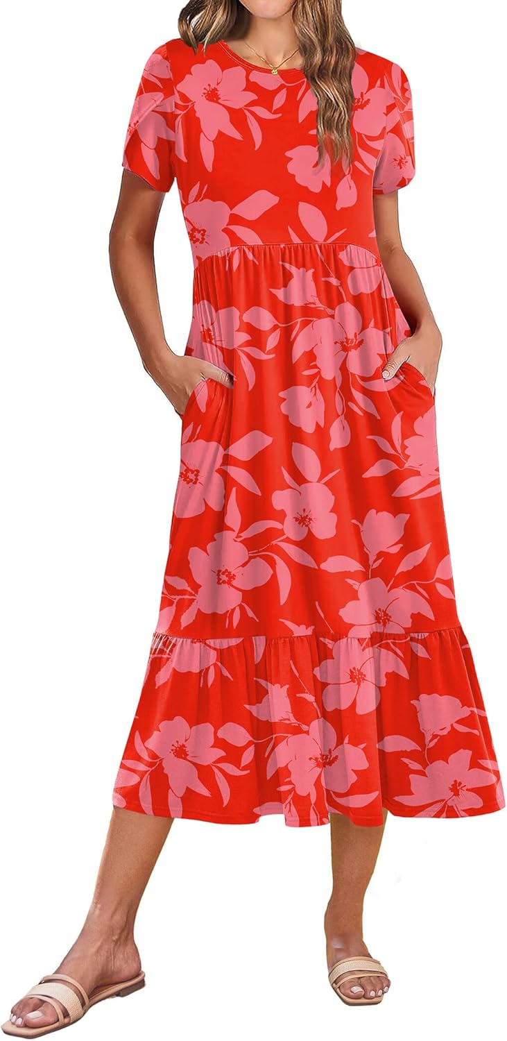 Zeagoo Women Summer Midi A Line Dress Short Sleeve Casual Flowy Tiered Beach Long Sundress with Pockets 2026 Vacation Travel
