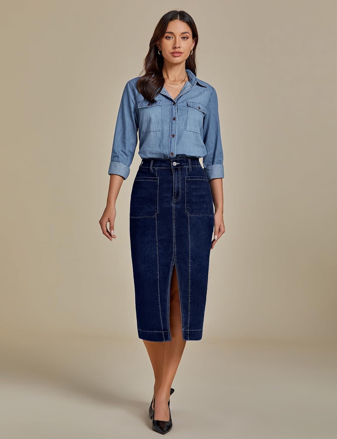 luvamia Jean Skirts for Women Denim Trendy Casual Stretchy High Waisted Midi Front Pockets Below Knee Skirt with Slit - Image 5