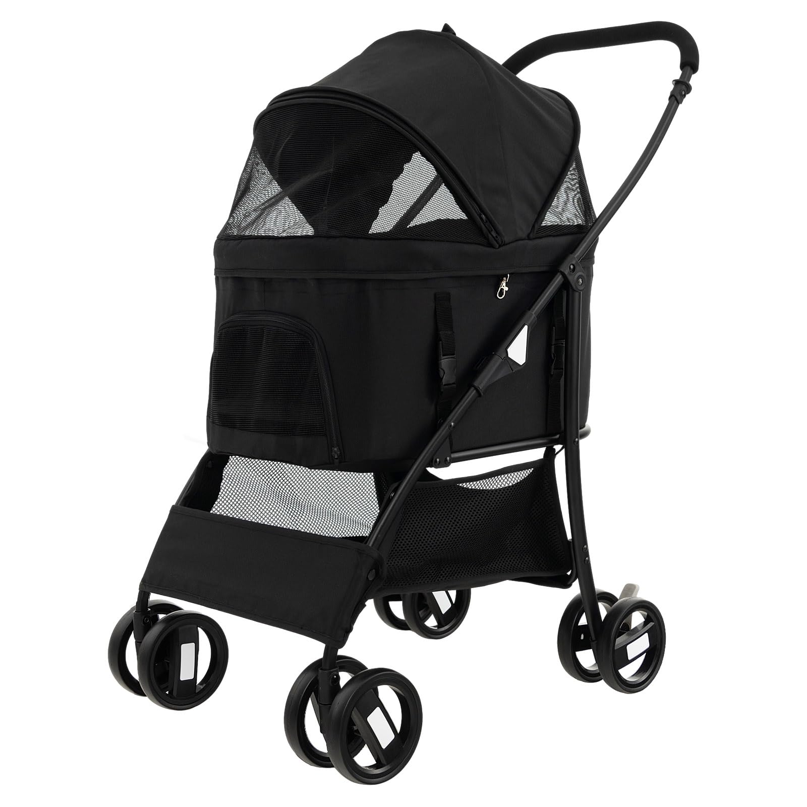 Maxmass Pet Stroller, Folding Dogs Travel Carrier with Wheels, Brake, 4-Level Adjustable Canopy & Storage Basket, Pet Travel Carriage for Small & Medium Sized Dogs Cats (Black)