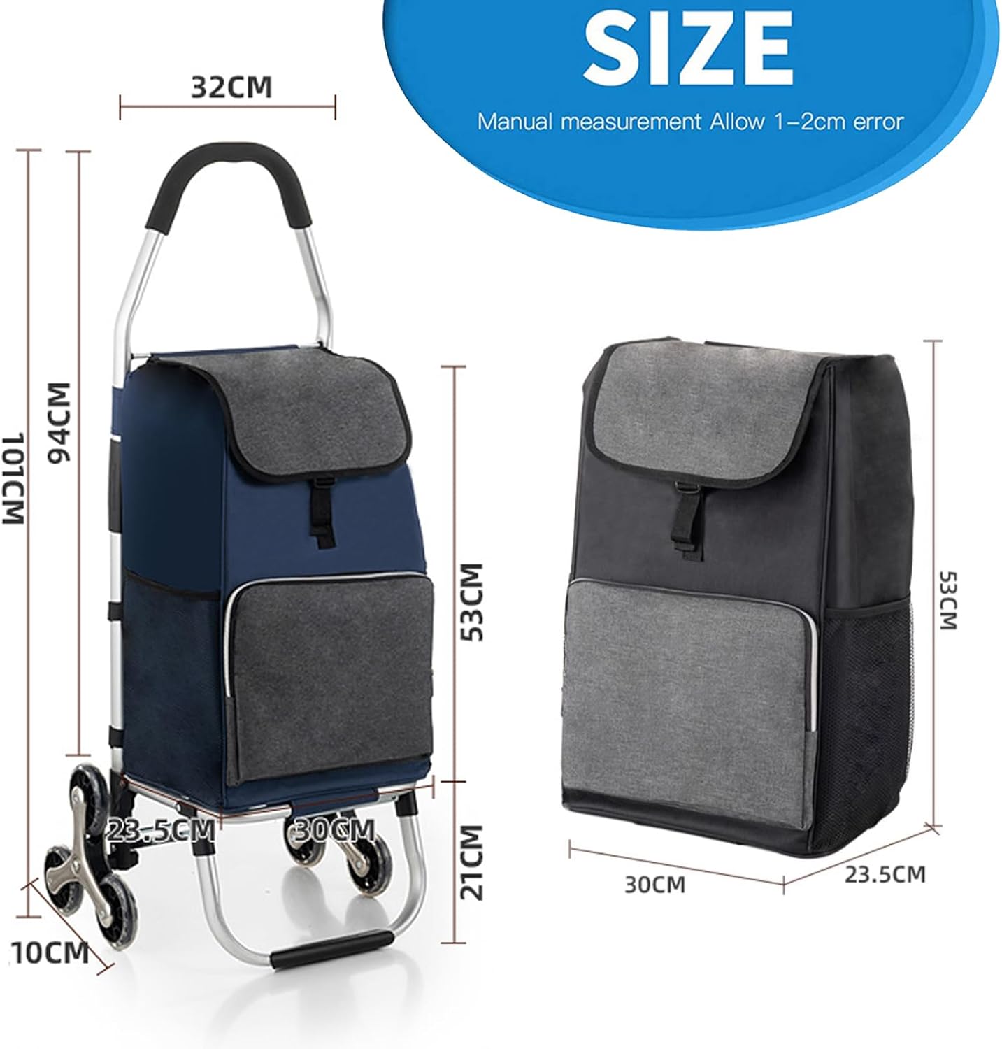 Trolley 6 Wheel Foldable Shopping Cart with Aluminum Frame and Waterproof Bag Market Stroller with Stair Climbing Basket Holds up to 75kg Black Color
