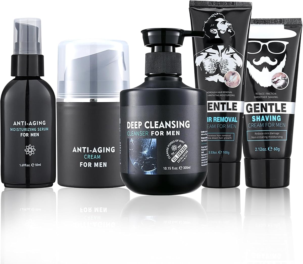 Men's Skin Care Set–5PCS Skin Care Kit for Men,Includes Face Wash,Shaving Cream,Hair Removal Cream,Face Serum&Face Moisturizer,Complete Skincare Set,Ideal Birthday Gift for Him