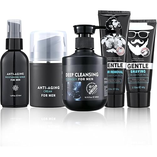 Men's Skin Care Set–5PCS Skin Care Kit for Men,Includes Face Wash,Shaving Cream,Hair Removal Cream,Face Serum&Face Moisturizer,Complete Skincare Set,Ideal Birthday Gift for Him