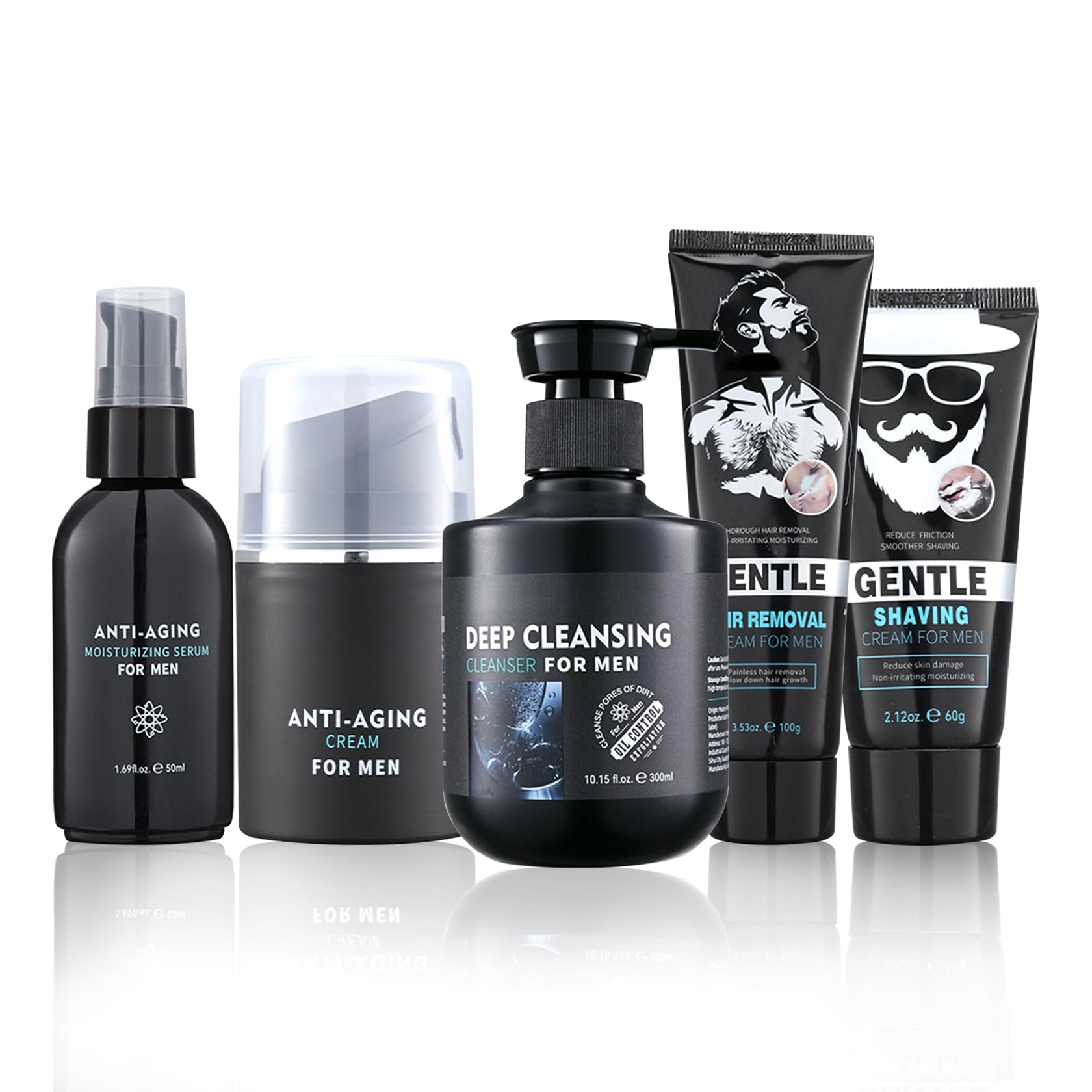 Men's Skin Care Set–5PCS Skin Care Kit for Men,Includes Face Wash,Shaving Cream,Hair Removal Cream,Face Serum&Face Moisturizer,Complete Skincare Set,Ideal Birthday Gift for Him