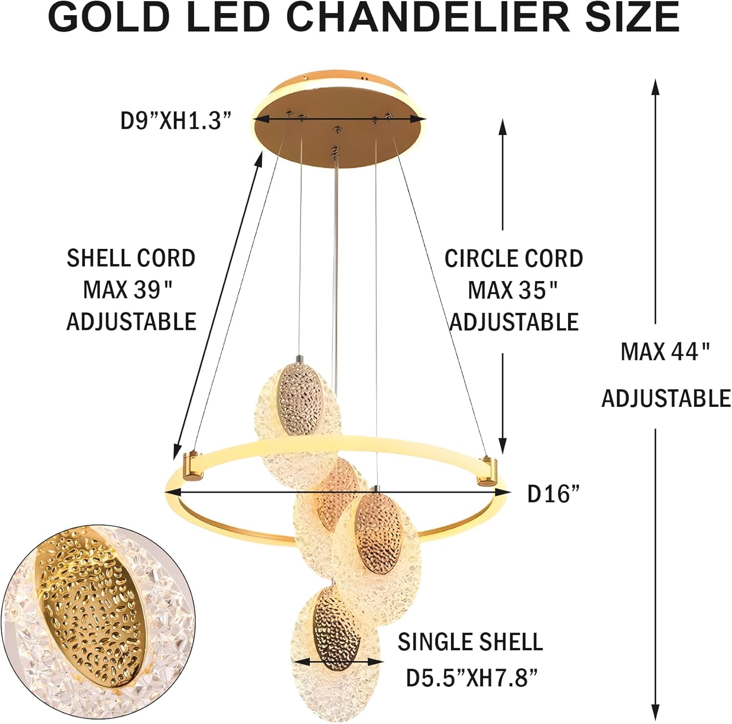 Modern Luxury Gold LED Chandelier Dining Room Pendant Light Fixture Over Table Adhustable LED Chandelier Flush Mount Ceiling Light for Living Room Bedroom Art Decor