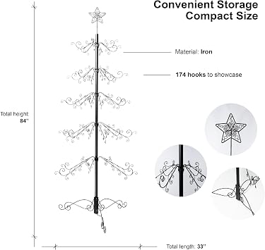HOHIYA 6.5 Ft Ornament Display Tree Stand 174 Hook Metal Christmas Tree