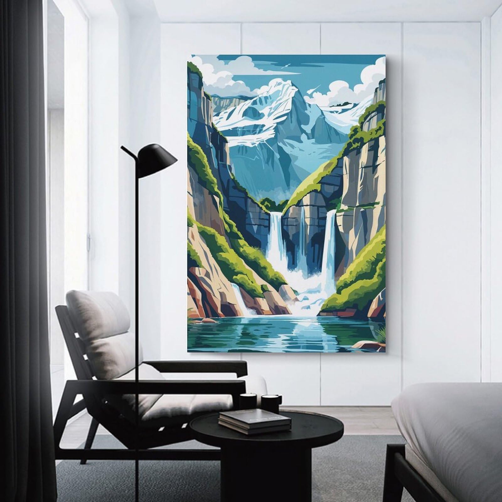 Junmoney Mountain Waterfall Landscape Illustration Wall Art Print, 24x36inch(60x90cm), for Bedroom Decor, Cosy Corners Or Studios, Decorative Wall Art for Cosy Rooms