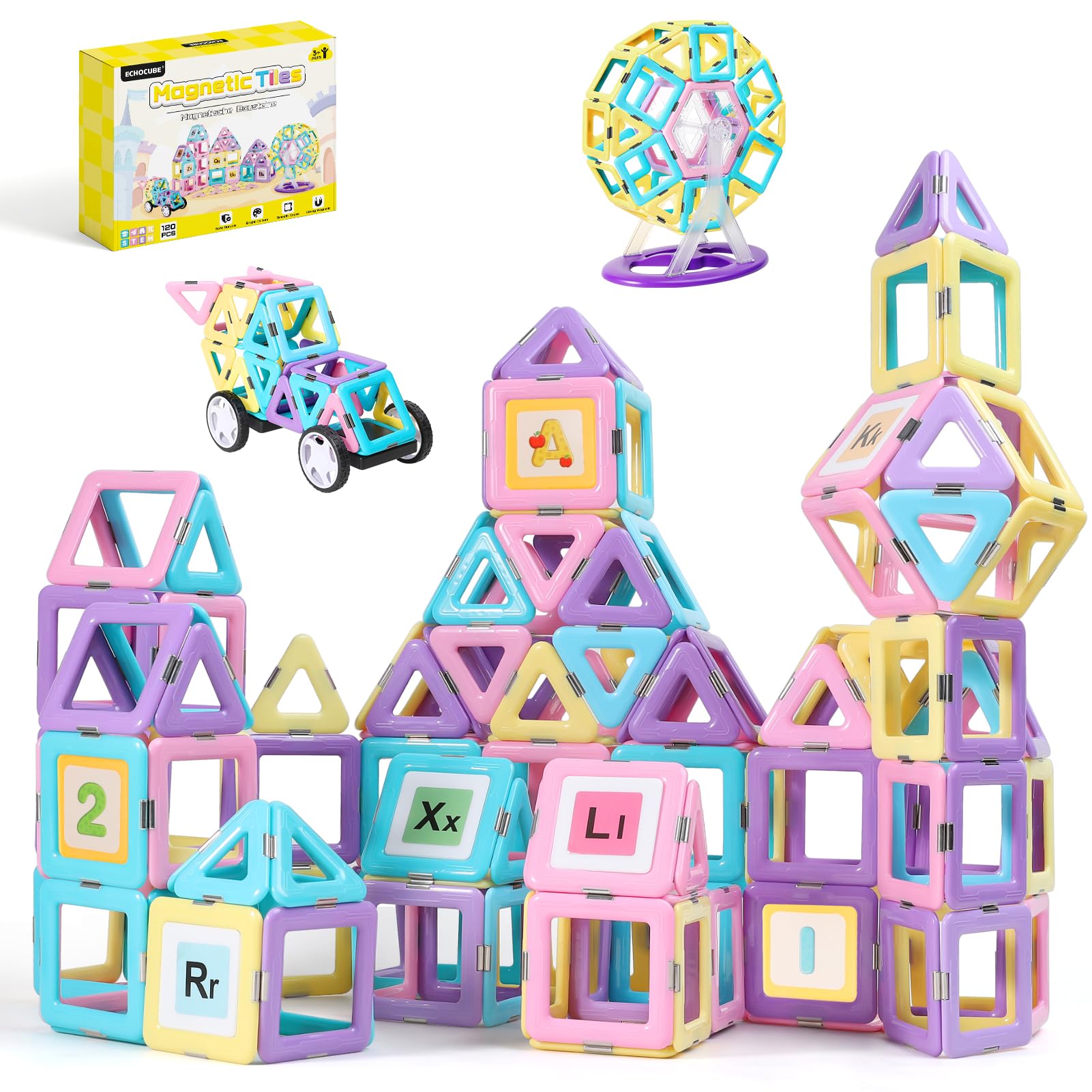 Blocchi da Costruzione Magnetici, 120 pezzi Set di Blocco da Costruzione Giocattolo Magnetico con Ruote Magnetiche per Bambini Ragazze Ragazzi Regalo di Compleanno di Natale