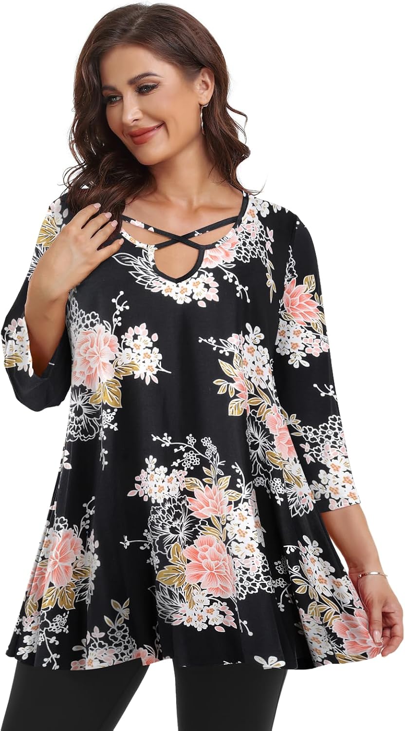 LARACE Plus Size Tops for Women V Neck 3/4 Sleeve Tunic Criss Cross Dress Shirts Casual Fall Blouse for Leggings
