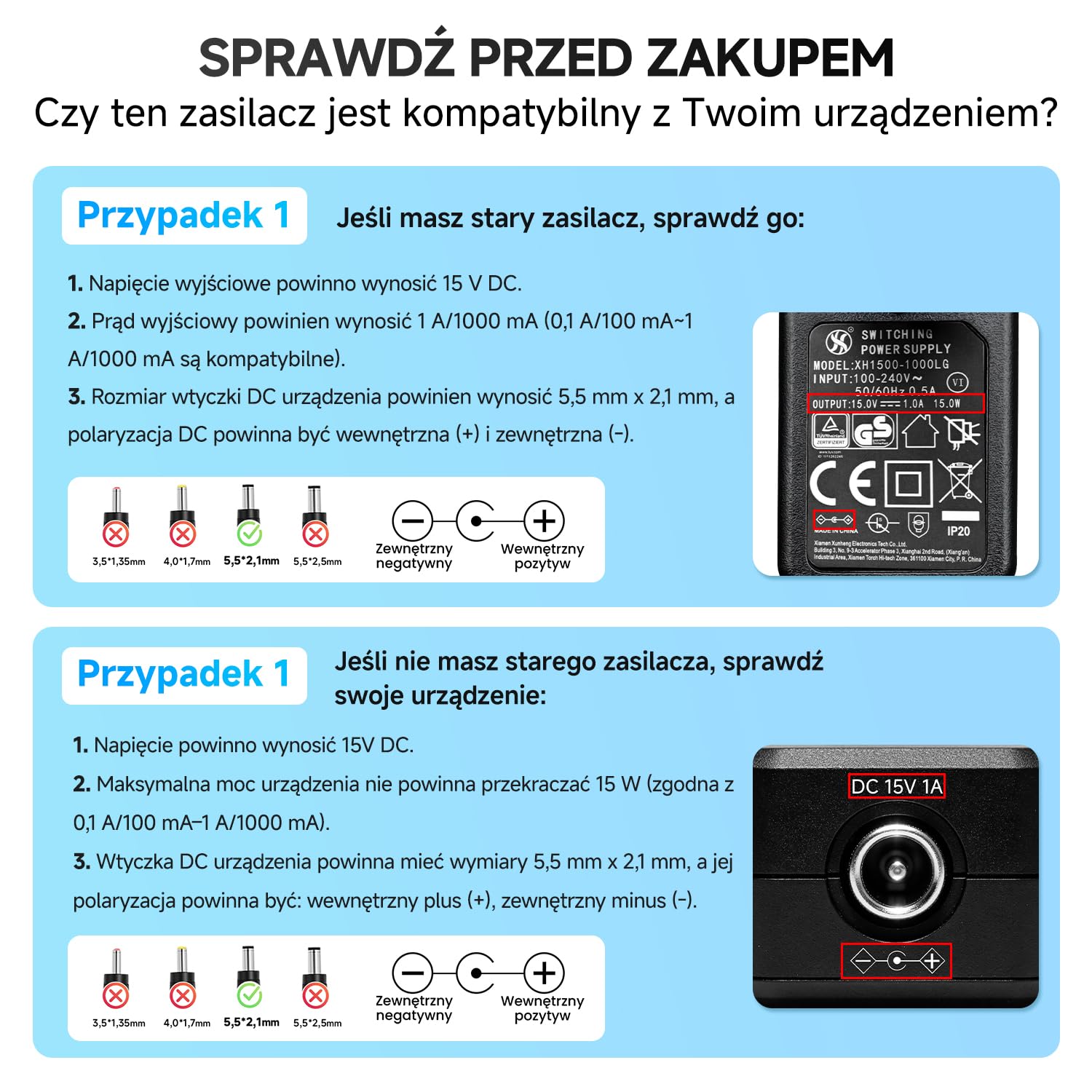 15 V 1 A/1000 mA 1,8 m długi zasilacz sieciowy, AC 100-240 V na DC 15 V 1 A 15 W adapter przełączający 5,5 x 2,1 mm wtyczka transformatora ściennego do Litter-Rototów i innych urządzeń 15 V,