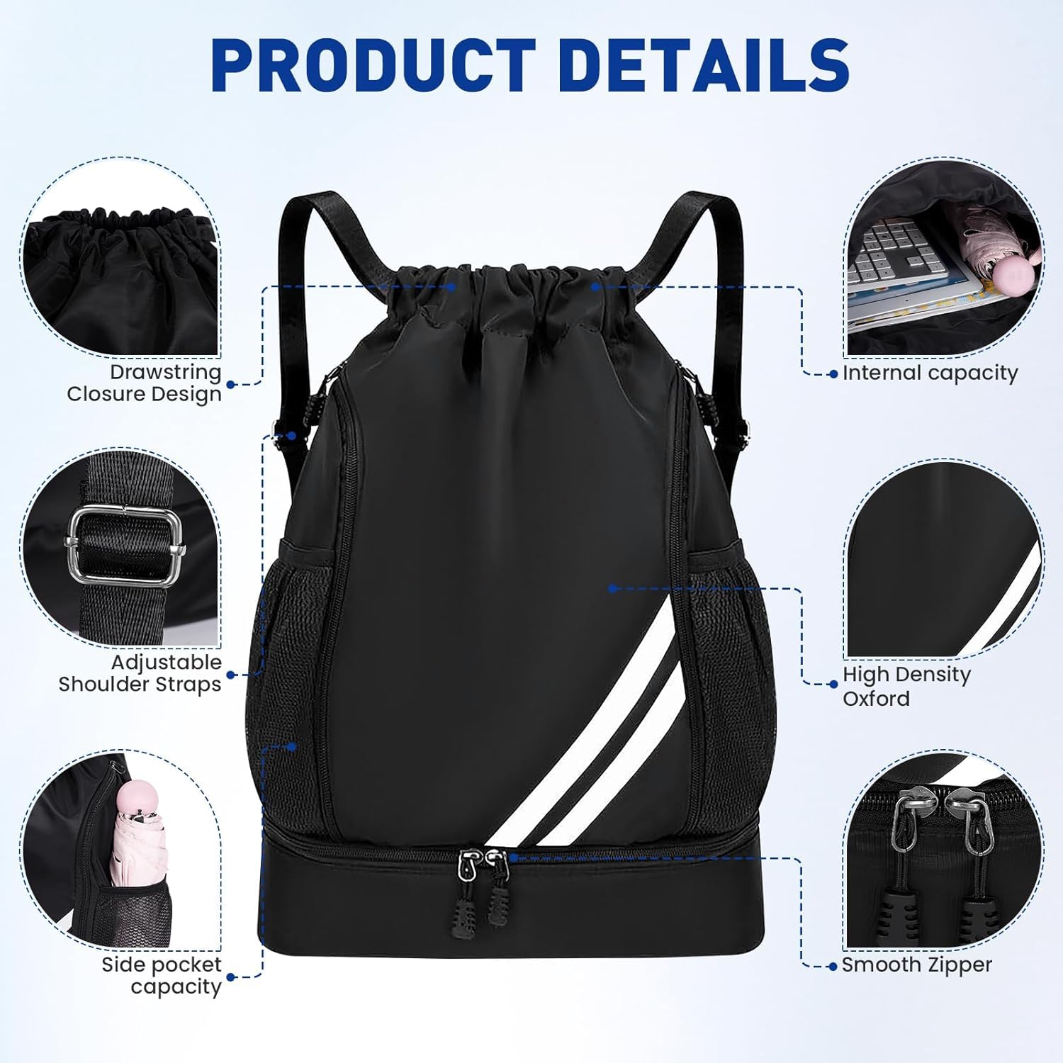 Zorplex Borsa da palestra con coulisse, zaino sportivo resistente all'acqua di grandi dimensioni con scomparto per scarpe, cerniera e tasche in rete per bottiglie d'acqua per sport, nuoto, viaggi