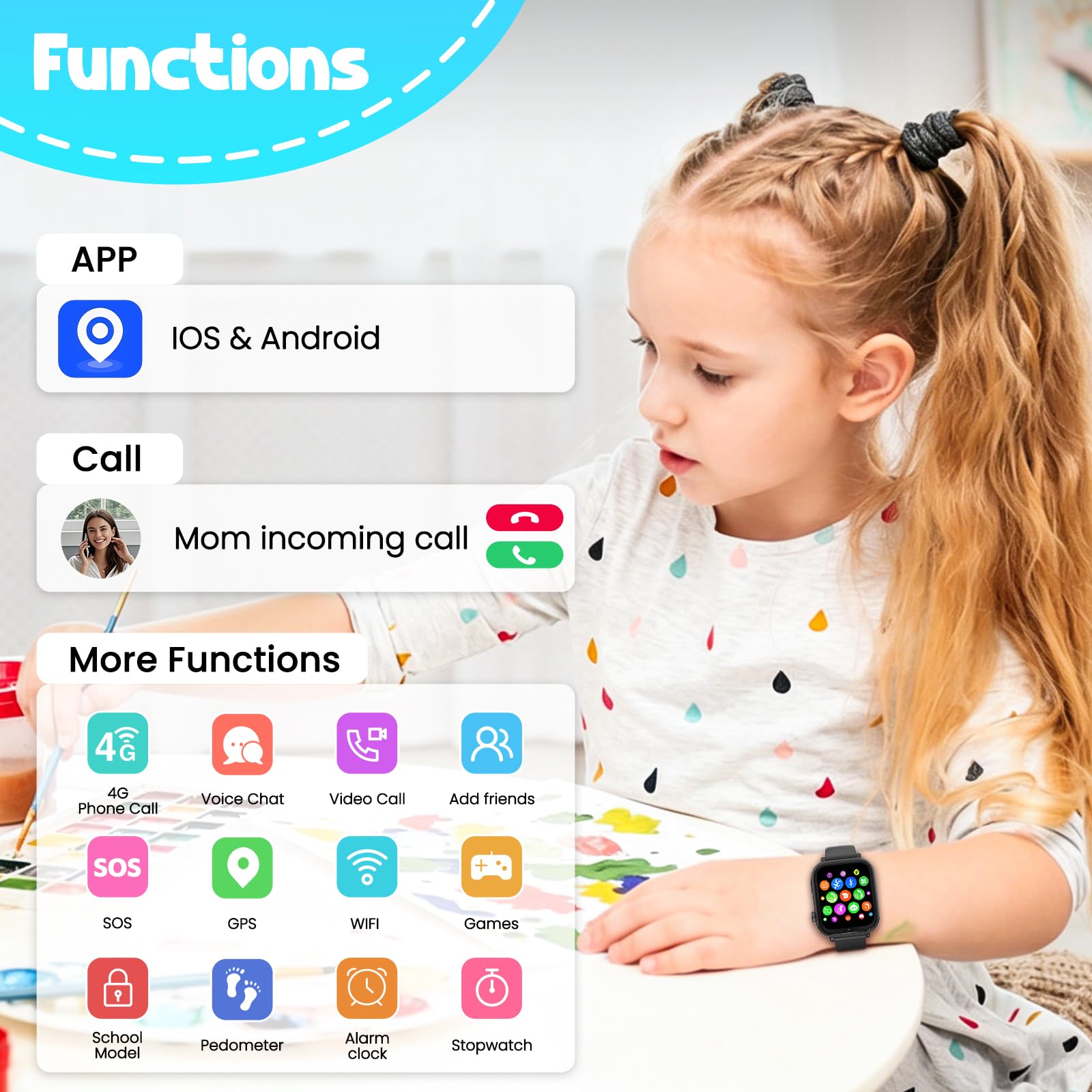 Alutoria Smartwatch Kinder mit GPS und Telefon, 4G Kinderuhr mit Videoanruf | Voice Chat, 2x Uhrarmband‌, SOS, Schulmodus, Schrittzähler, Uhr Kinder Smartwatch für Mädchen Jungen Geschenke, Schwarz