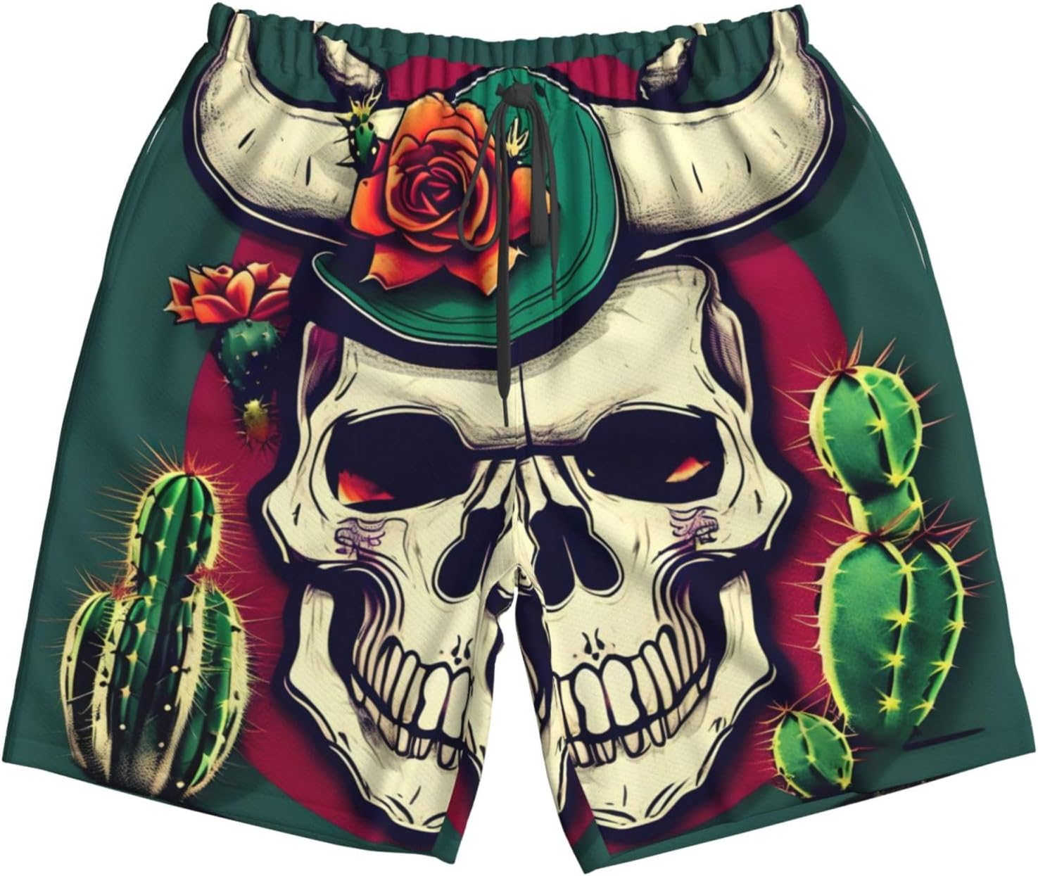 Mens Skull of Bull and Cute Cactus Print Beach Shorts,Casual Summer Shorts for Men,Quick Dry Polyester