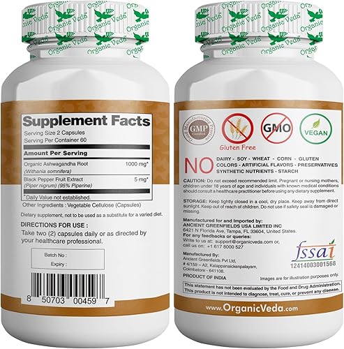 Miniatura 2 de Organic Veda Suplementos de Ashwagandha, 1500 mg - Cápsulas de Ashwagandha con extracto de pimienta negra - Hecho de raíz de Ashwagandha pura 100%