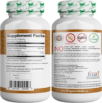 Organic Ashwagandha Capsules Full Strength with Black Pepper Extract - 120 Veg Capsules.