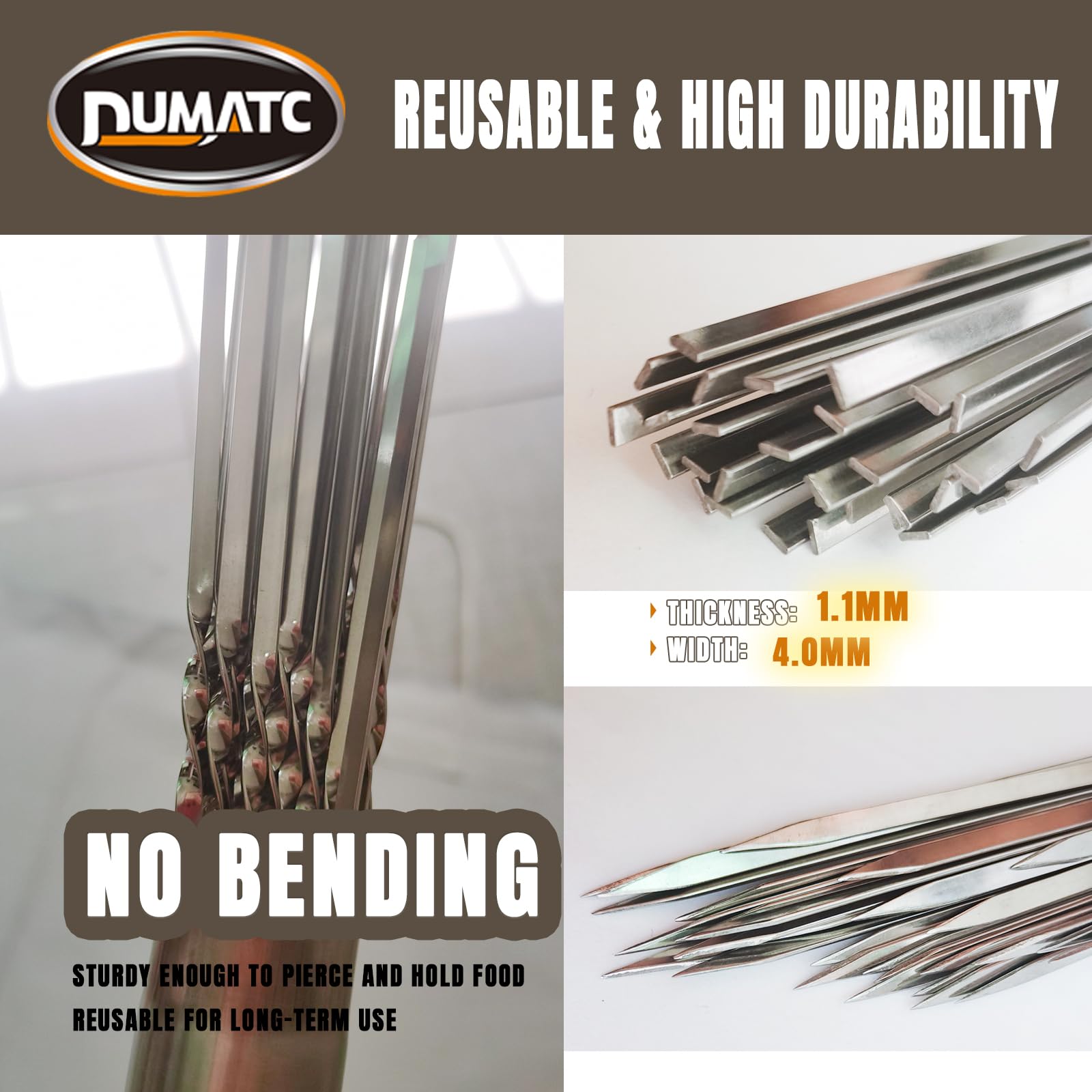 SS304 15-Pack Kebab Skewers for Grilling 13.2 Inch - BBQ Grill Grilling Accessories, Metal Skewers, SUS 304 Stainless Steel, Pack of 15