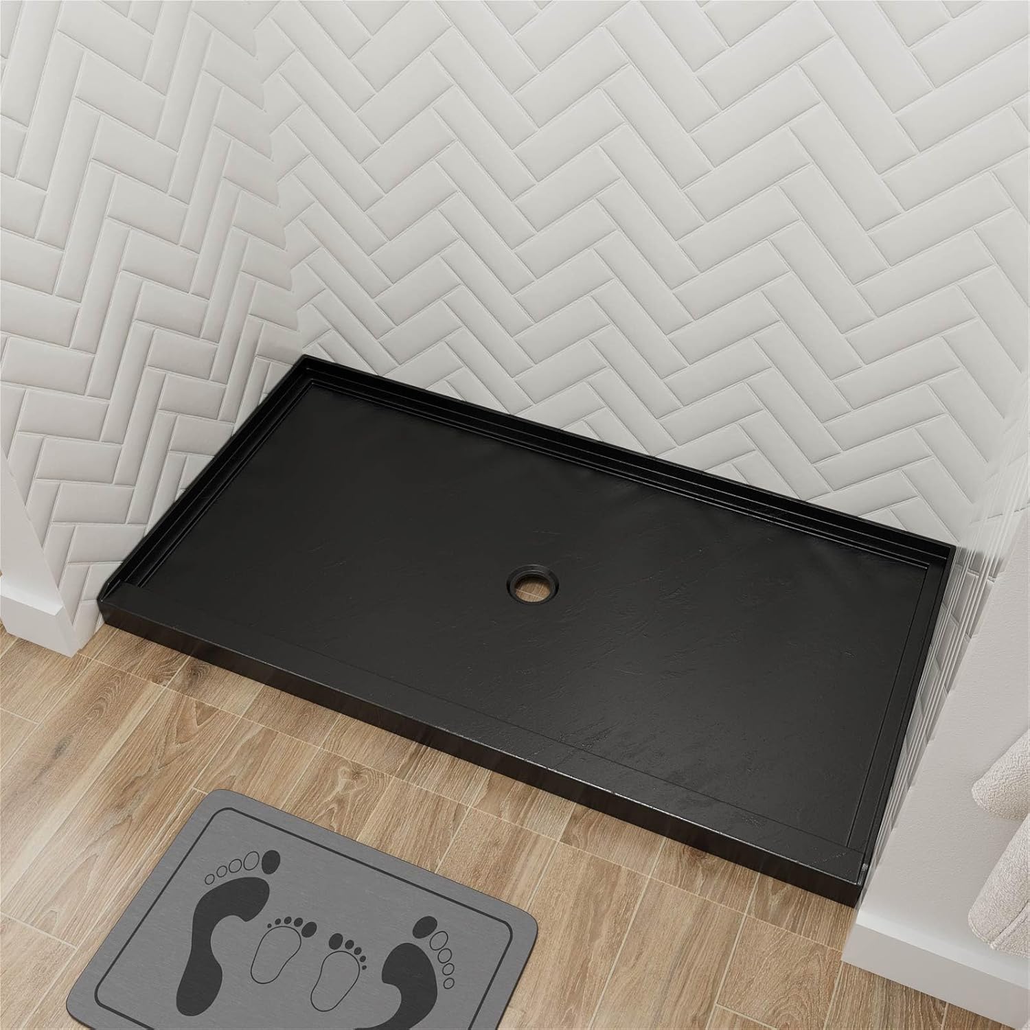 60"L x 36"W x 4"H Center Drain Shower Pan, Acrylic Rectangular Shower Base with Non-Slip Rock Texture for Bathroom, Matte Black, ST503S-BR