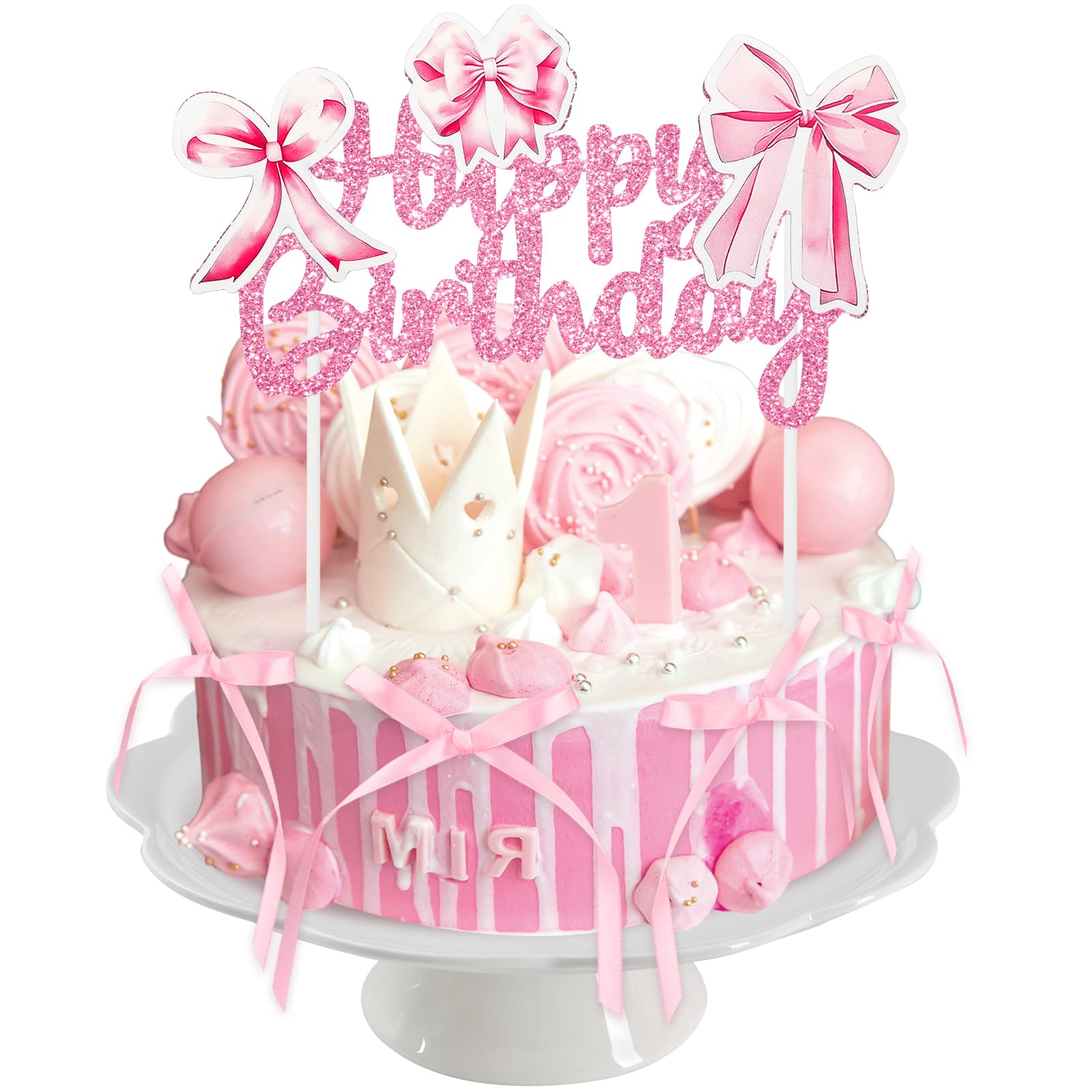 7pcs Ribbon Pink Bow Cake Toppers, Pink Bow Cake Decorations with Happy Birthday Sign for Birthday Party, Baby Shower, Bow Party Decorations