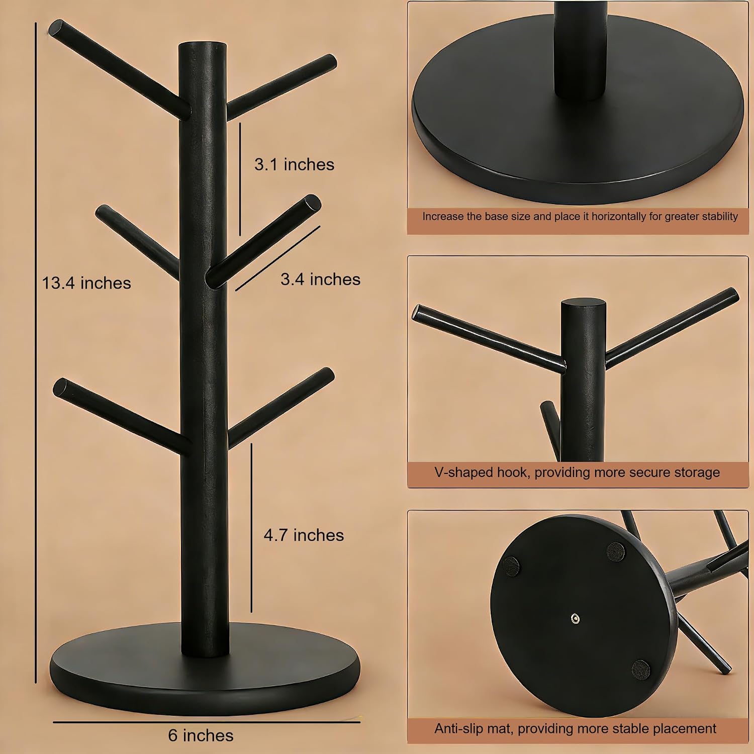 Mug Holder Tree, Coffee Cup Holder with 6 Hooks, Bamboo Base Mug Rack for Countertop, Coffee Bar Accessories & Organizer Station, Black Home Decor for Kitchen-Black