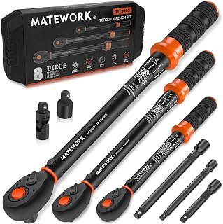 MATEWORK 8PCS Upgraded Torque Wrench Set: 1/4" 3/8" 1/2" Drive Click, ±3% Accuracy, Dual Scale 72-Tooth, Bike Moto Car Repair Kit